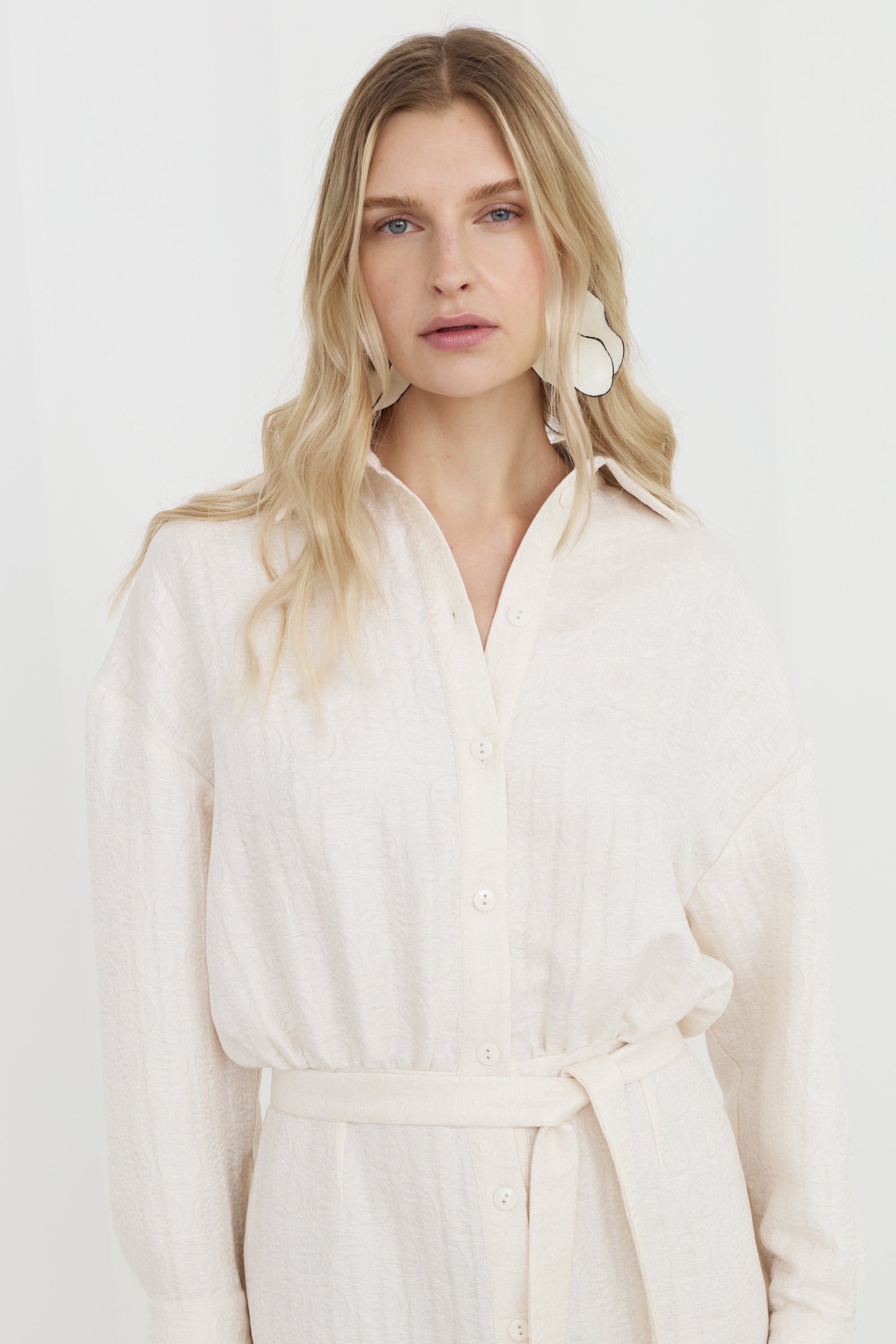 OLINE Off-White Midi Shirt Dress With Pencil Skirt