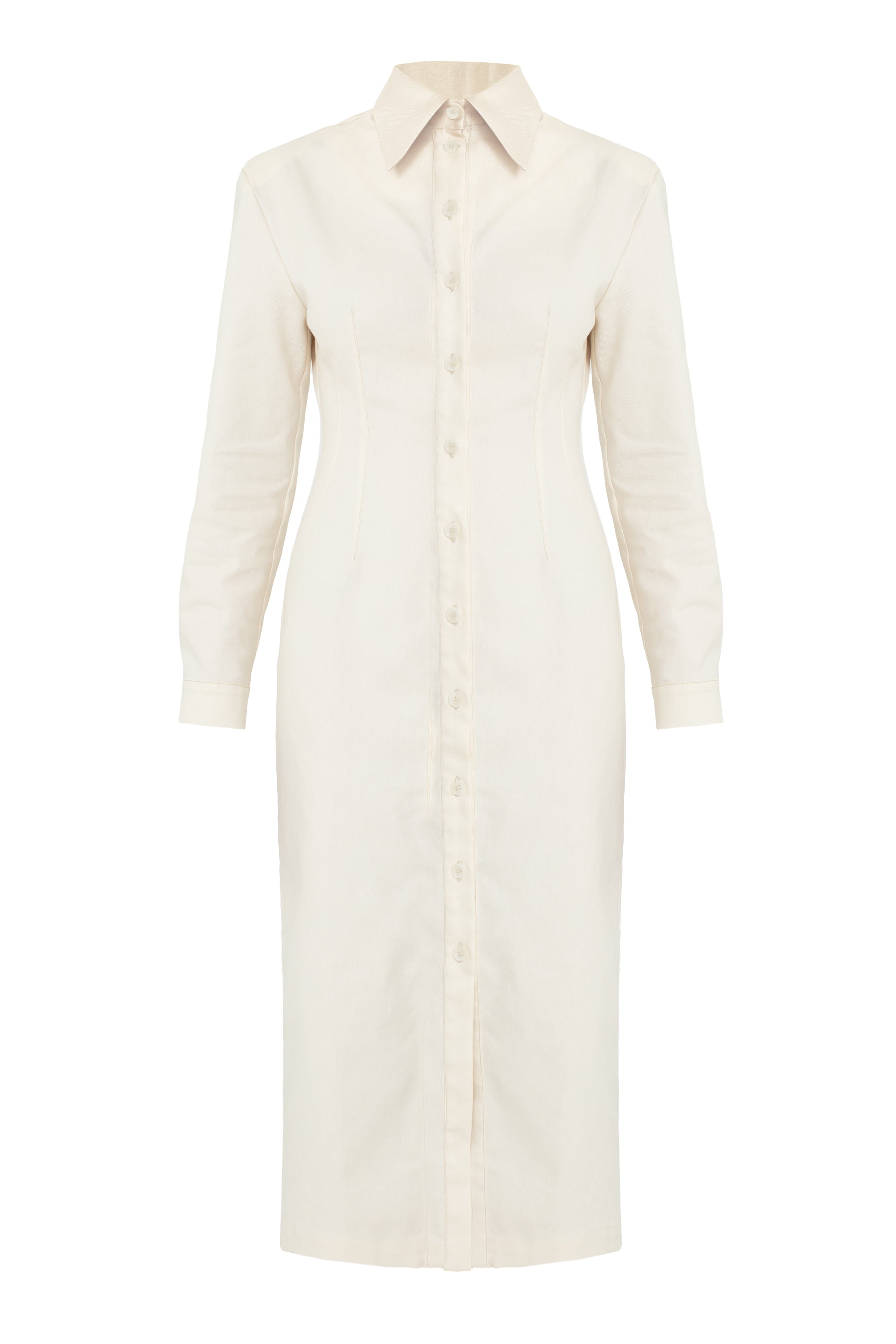 EDITH White Denim Fitted Midi Shirt Dress