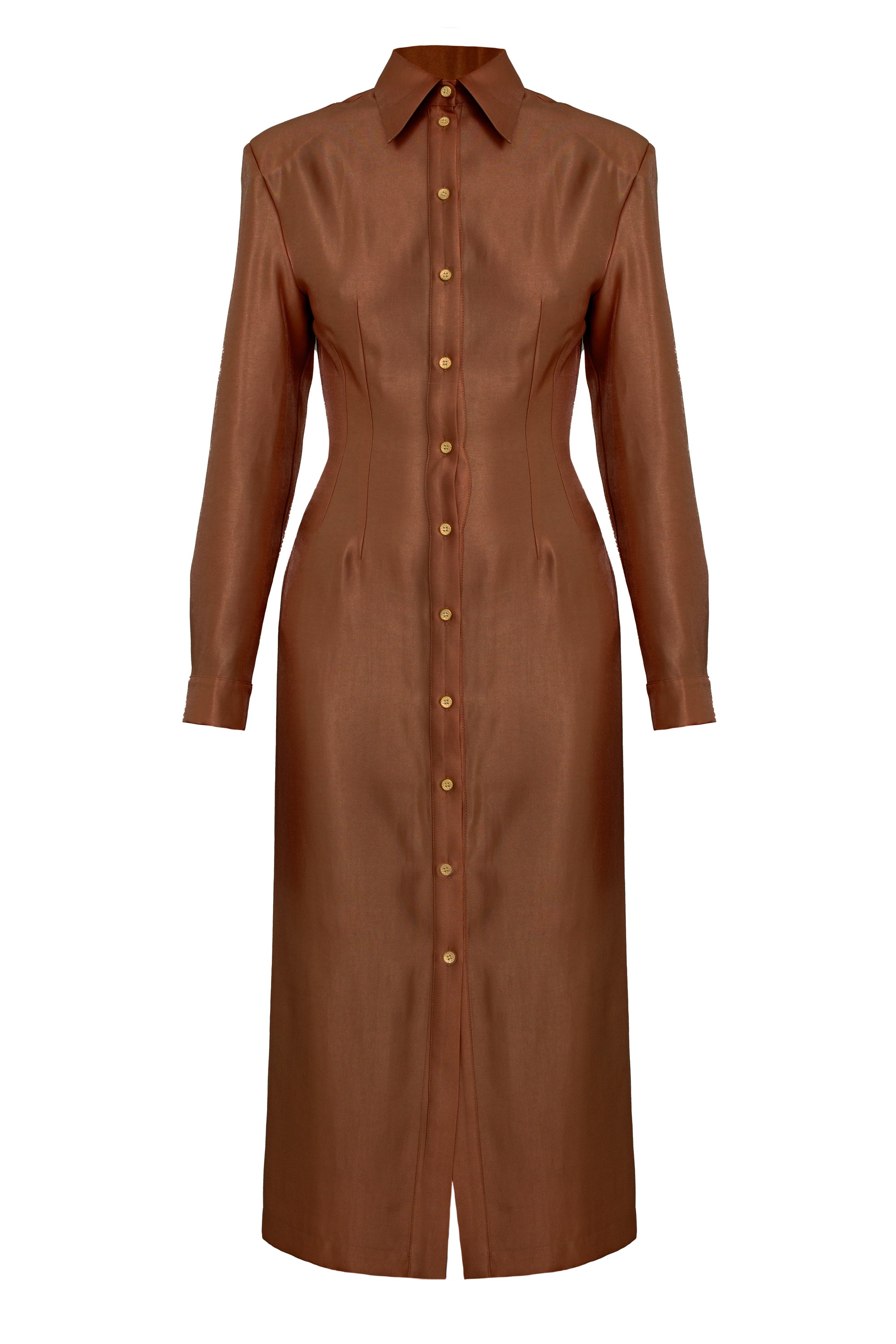 EDITH Brown Fitted Midi Shirt Dress