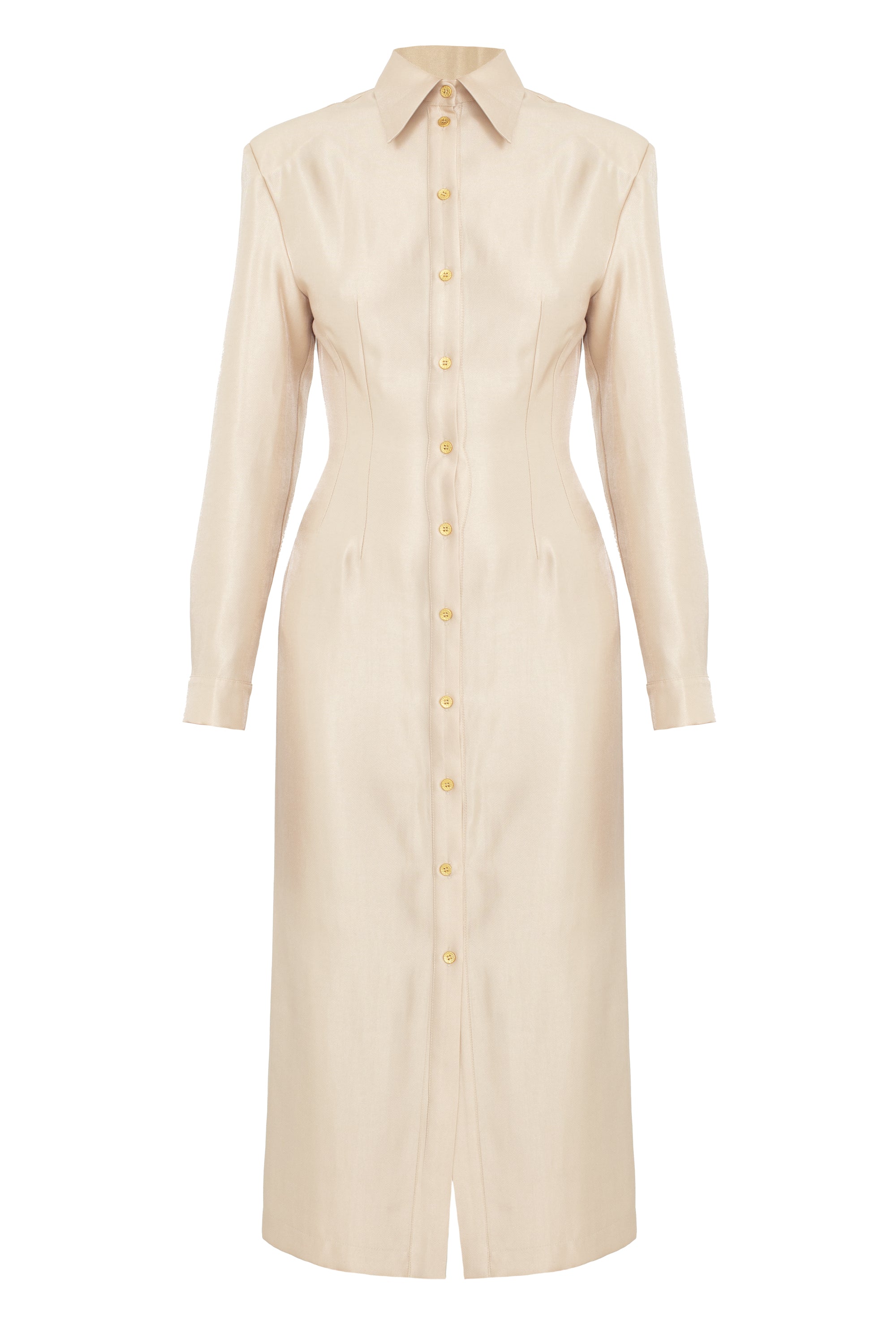 EDITH Pastel Fitted Midi Shirt Dress With Golden Buttons