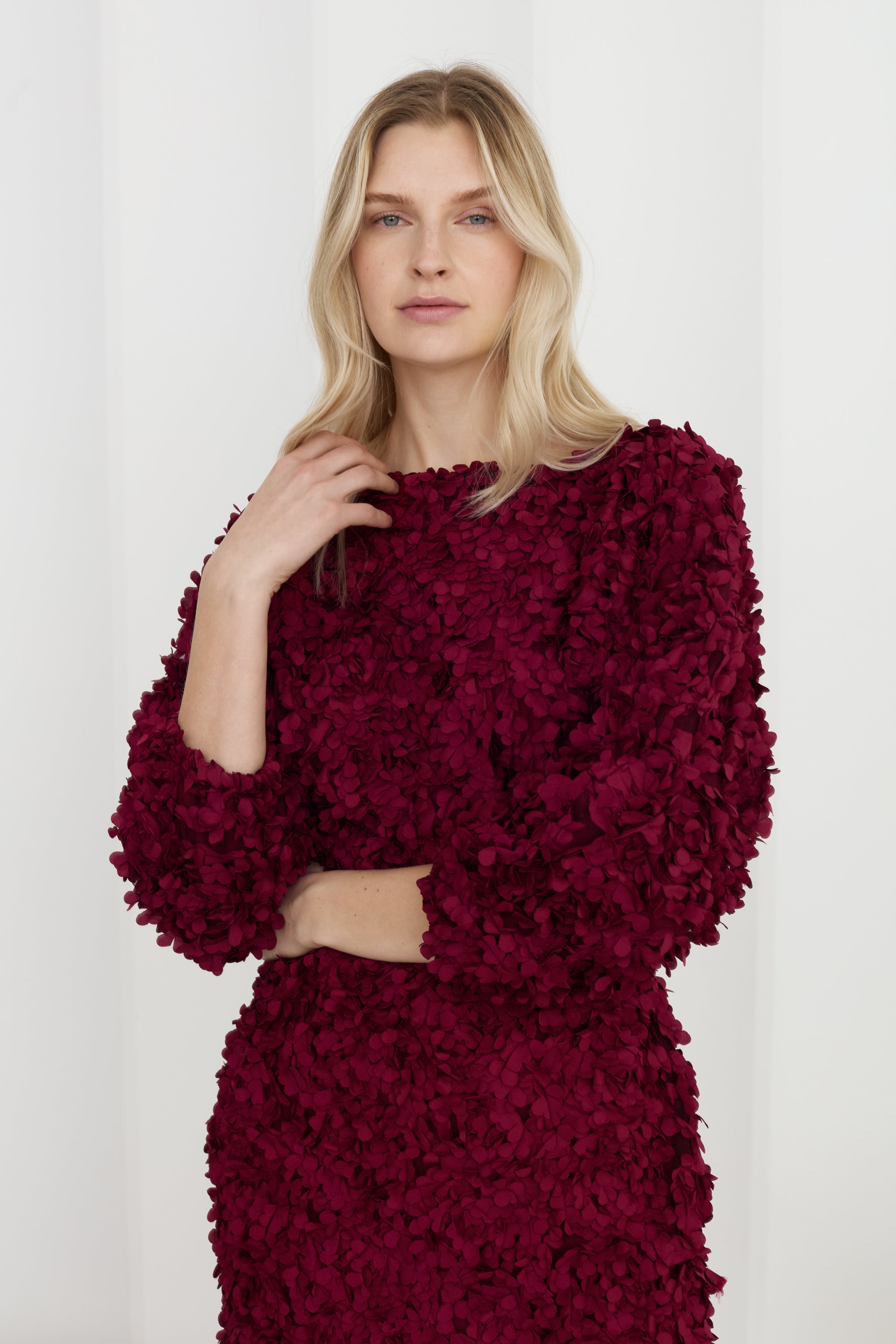 TASHA Textured Floral Burgundy Fabric Oversized Mini Dress