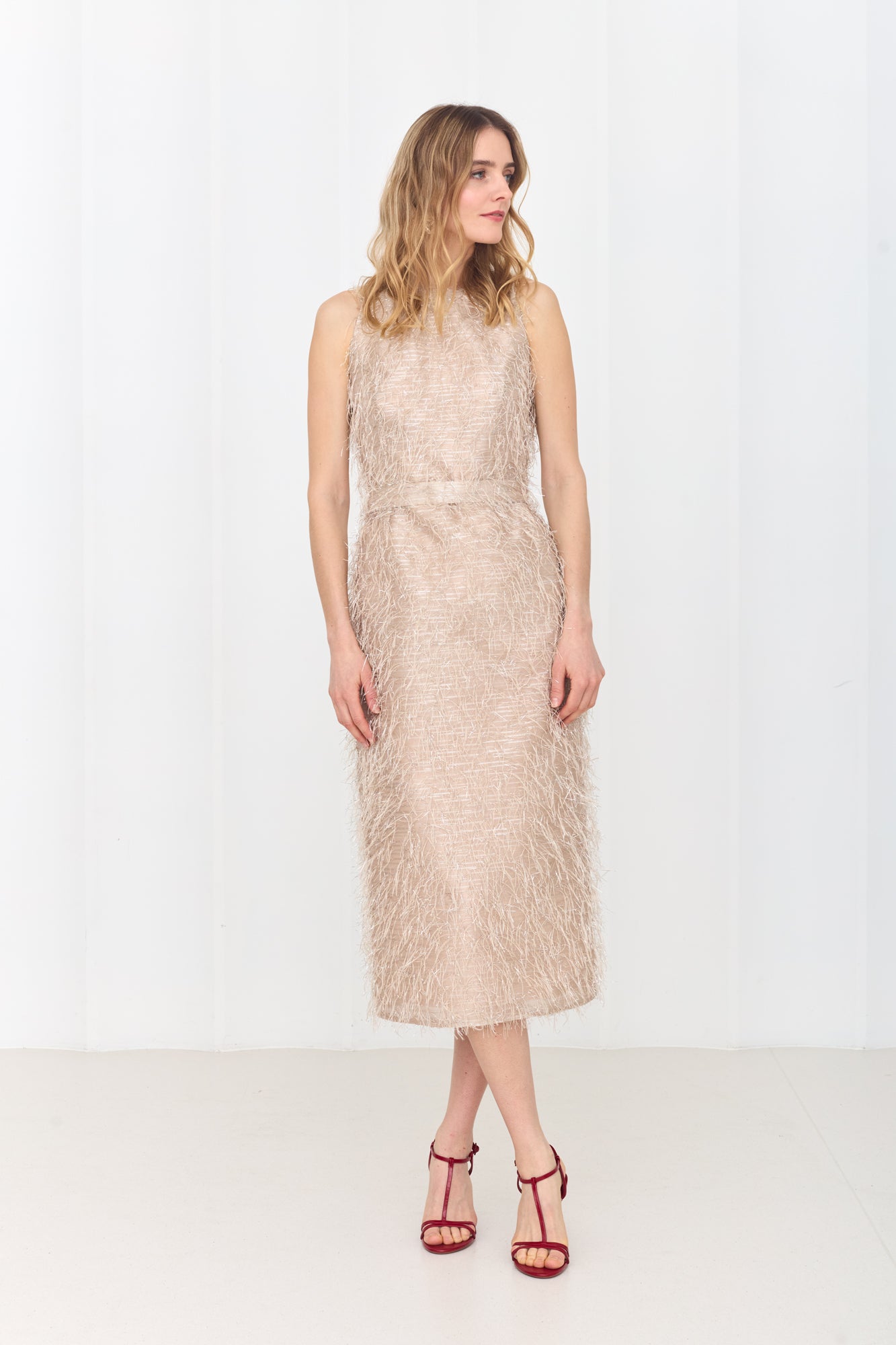 YEMA Pastel Feather Midi Dress With Open Back