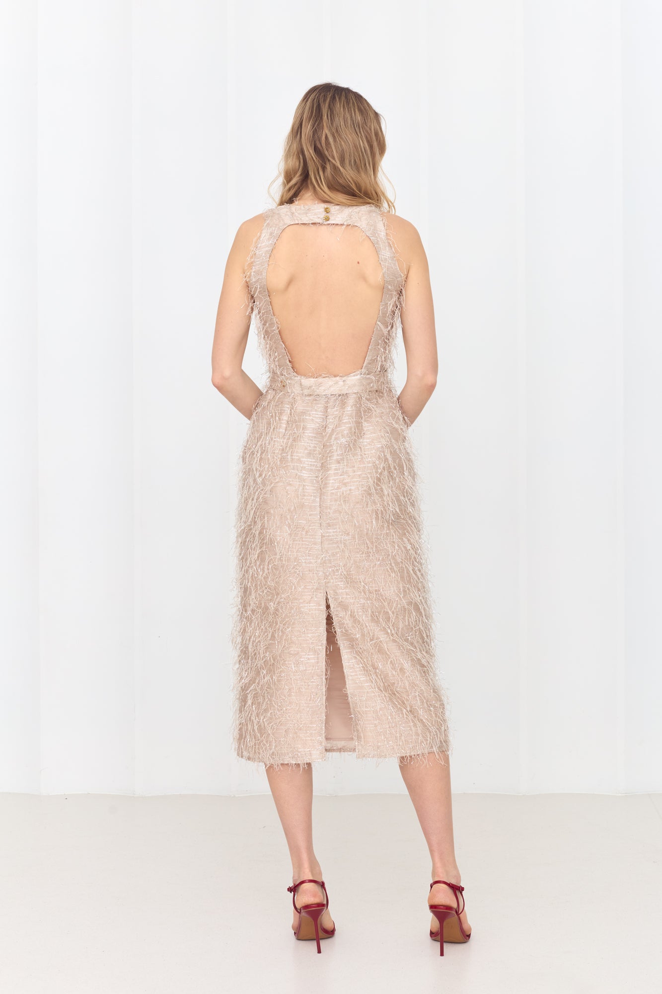 YEMA Pastel Feather Midi Dress With Open Back