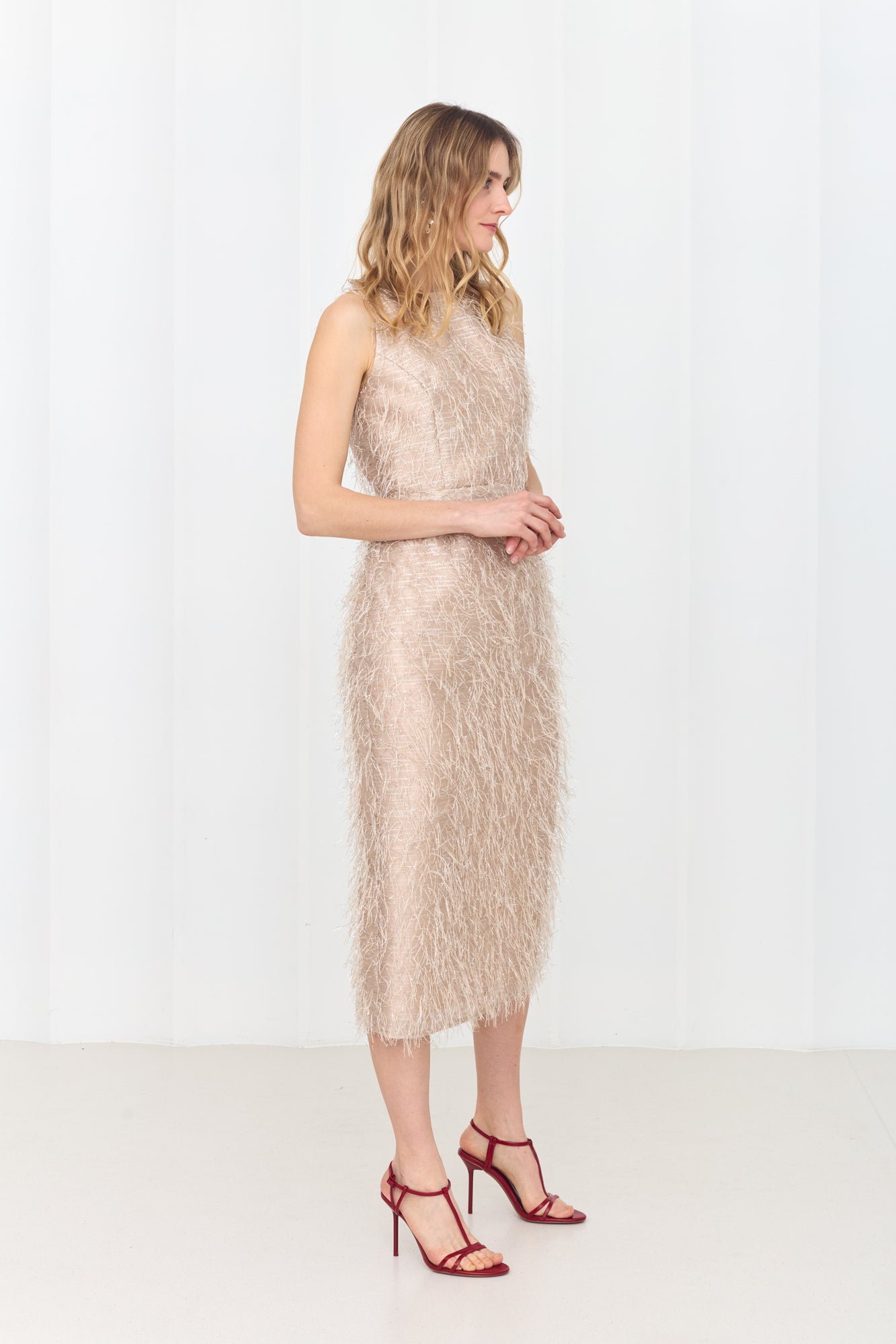 YEMA Pastel Feather Midi Dress With Open Back
