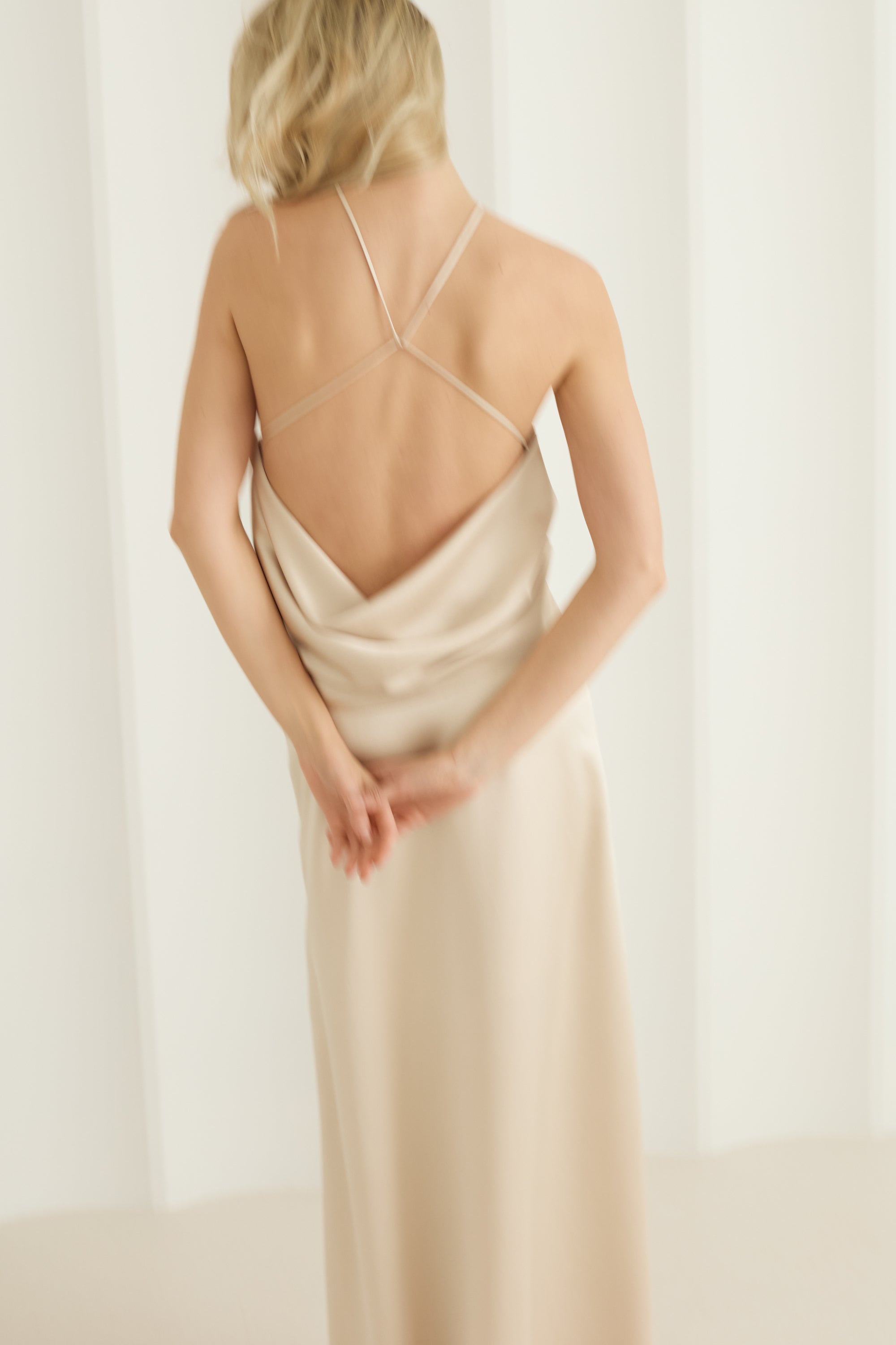 VERA Beige Long Evening Dress With Draped Back