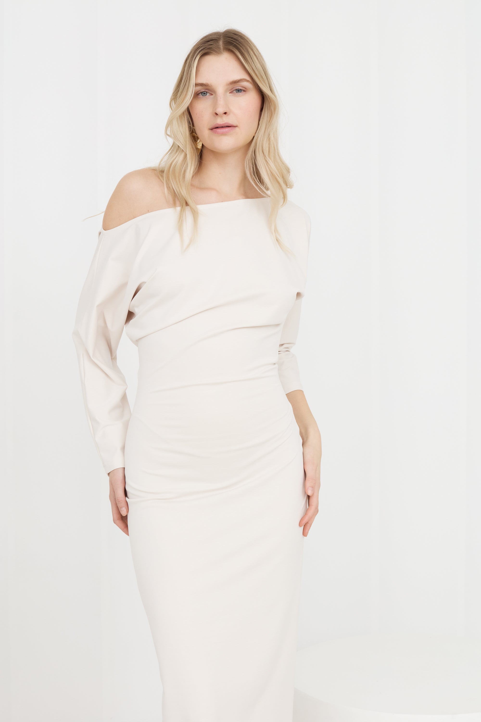 THEA White Off-Shoulder Jersey Midi Dress with Long Sleeves