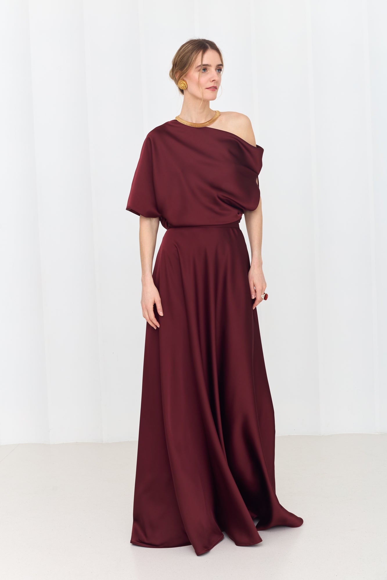HELEN Rich Burgundy Maxi Dress with Asymmetric Sleeves