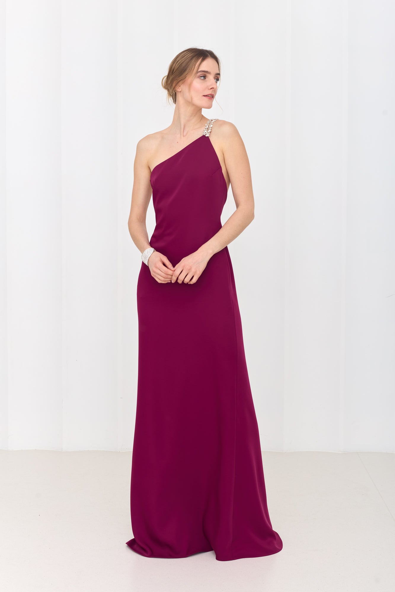 GLORIA Fuchsia Pink Maxi Dress with One-Shoulder Sparkling Straps