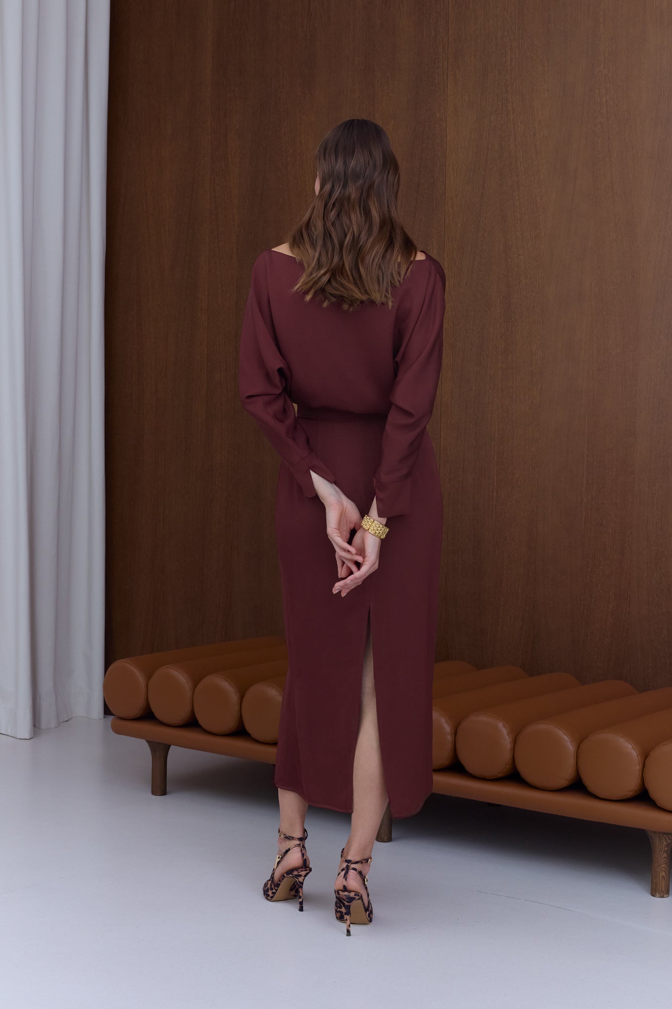 AGALIA Wine-Red Off-the-Shoulder Midi Dress