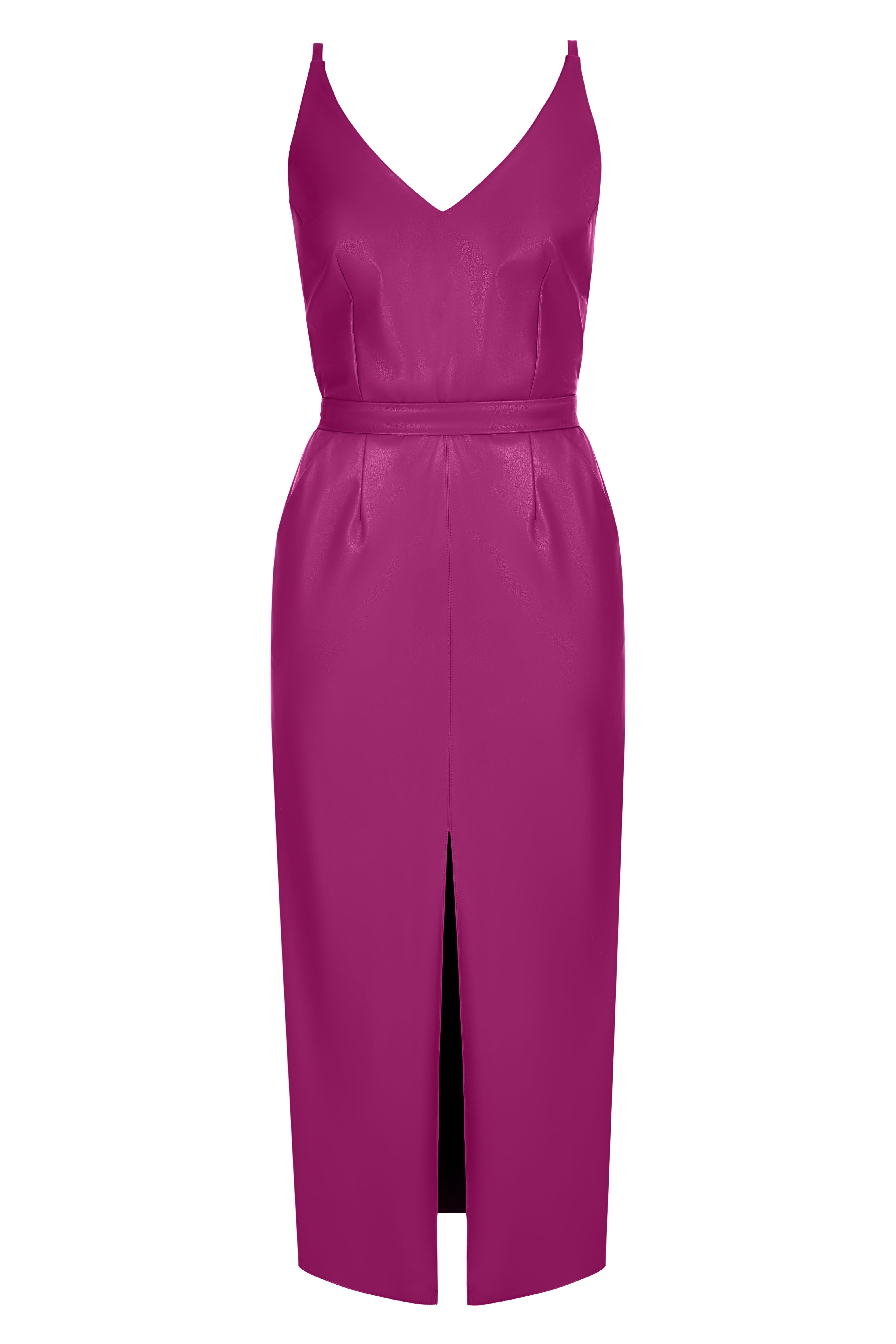CALISTA Magenta Vegan Leather Midi Dress With Pencil Skirt