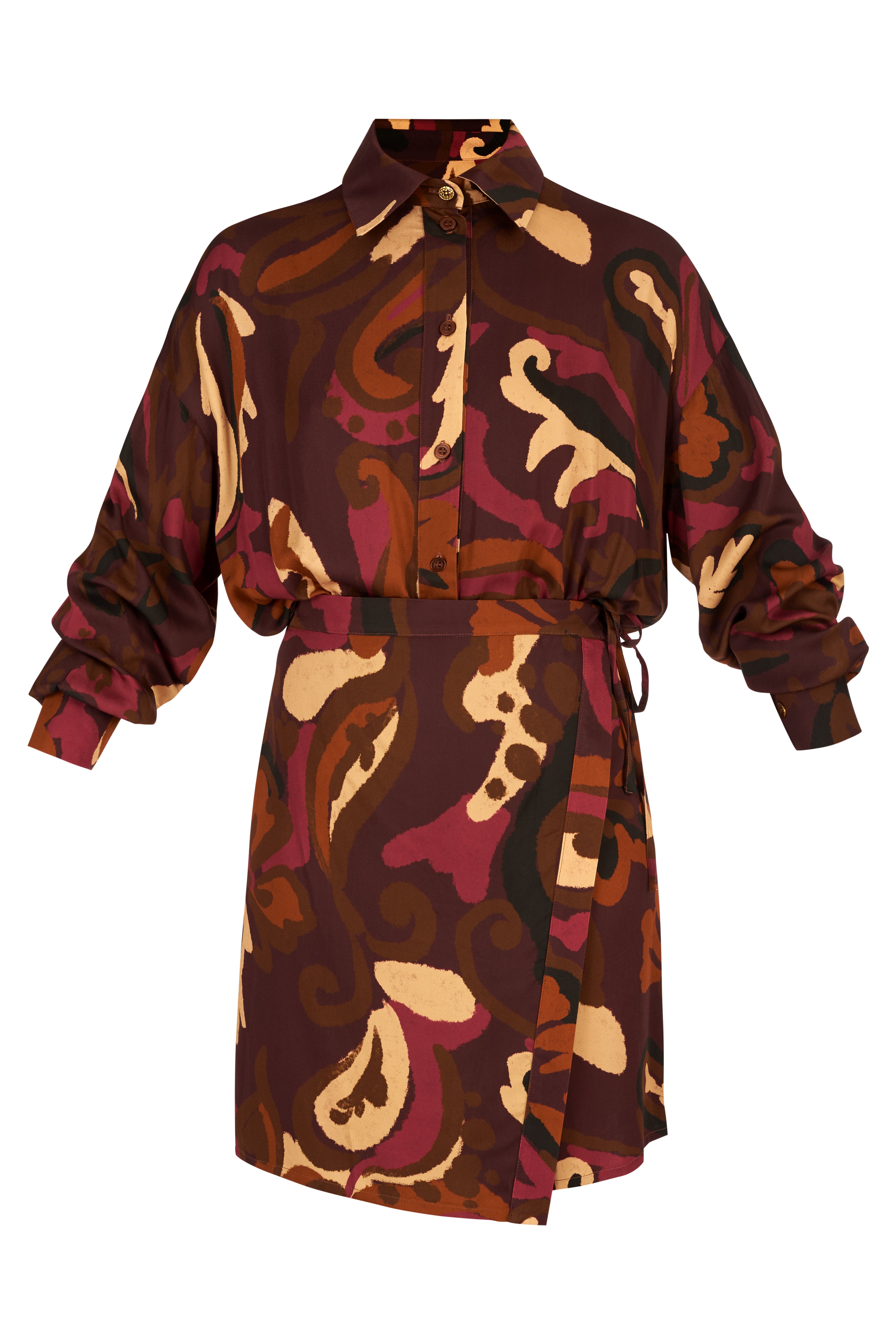 NOVA Brown Abstract Print Mini Shirt Dress With Kimono Sleeves