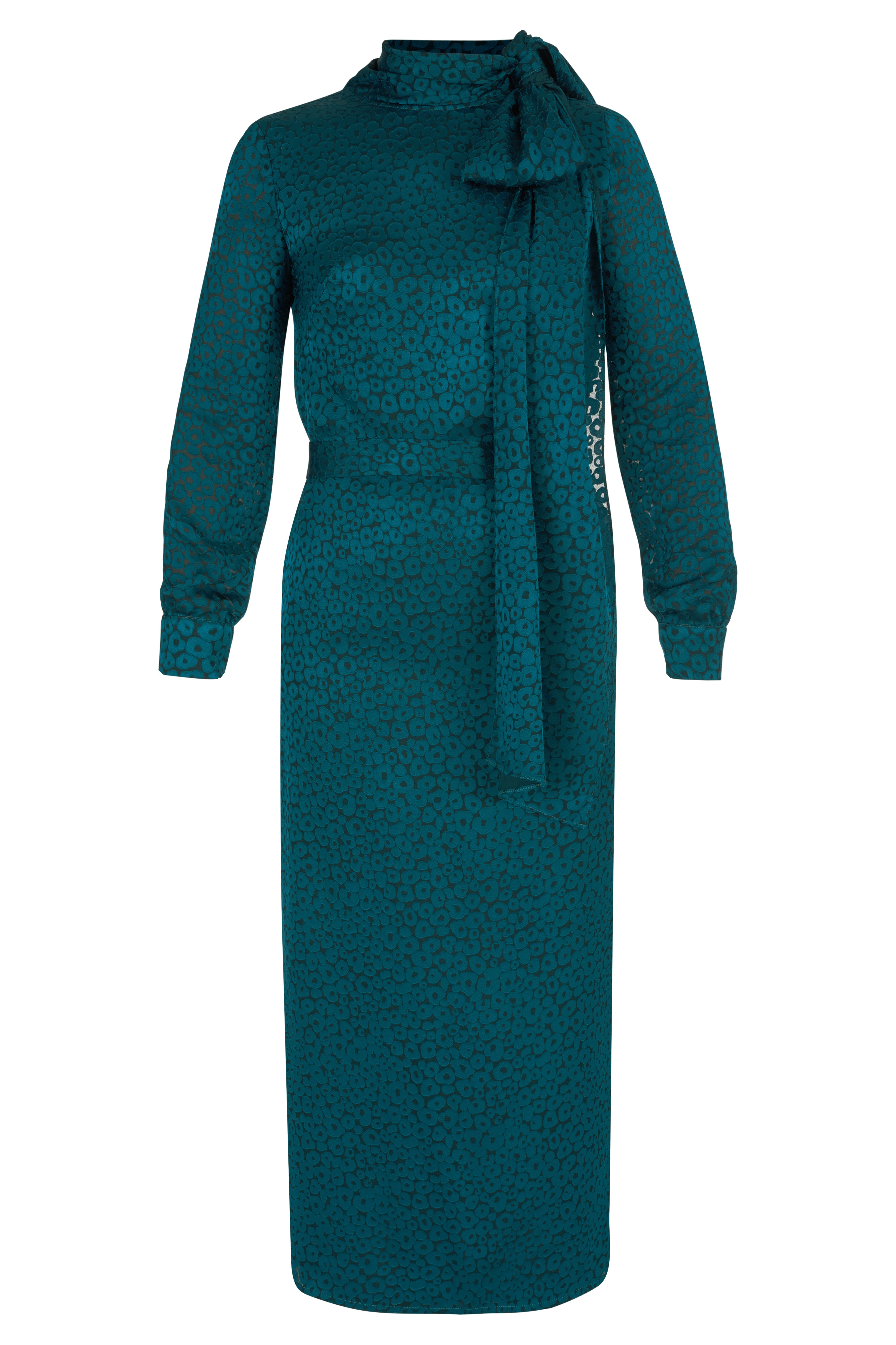 MONE Teal Blue Jacquard Fabric Midi Dress With Ribbon on Shoulder