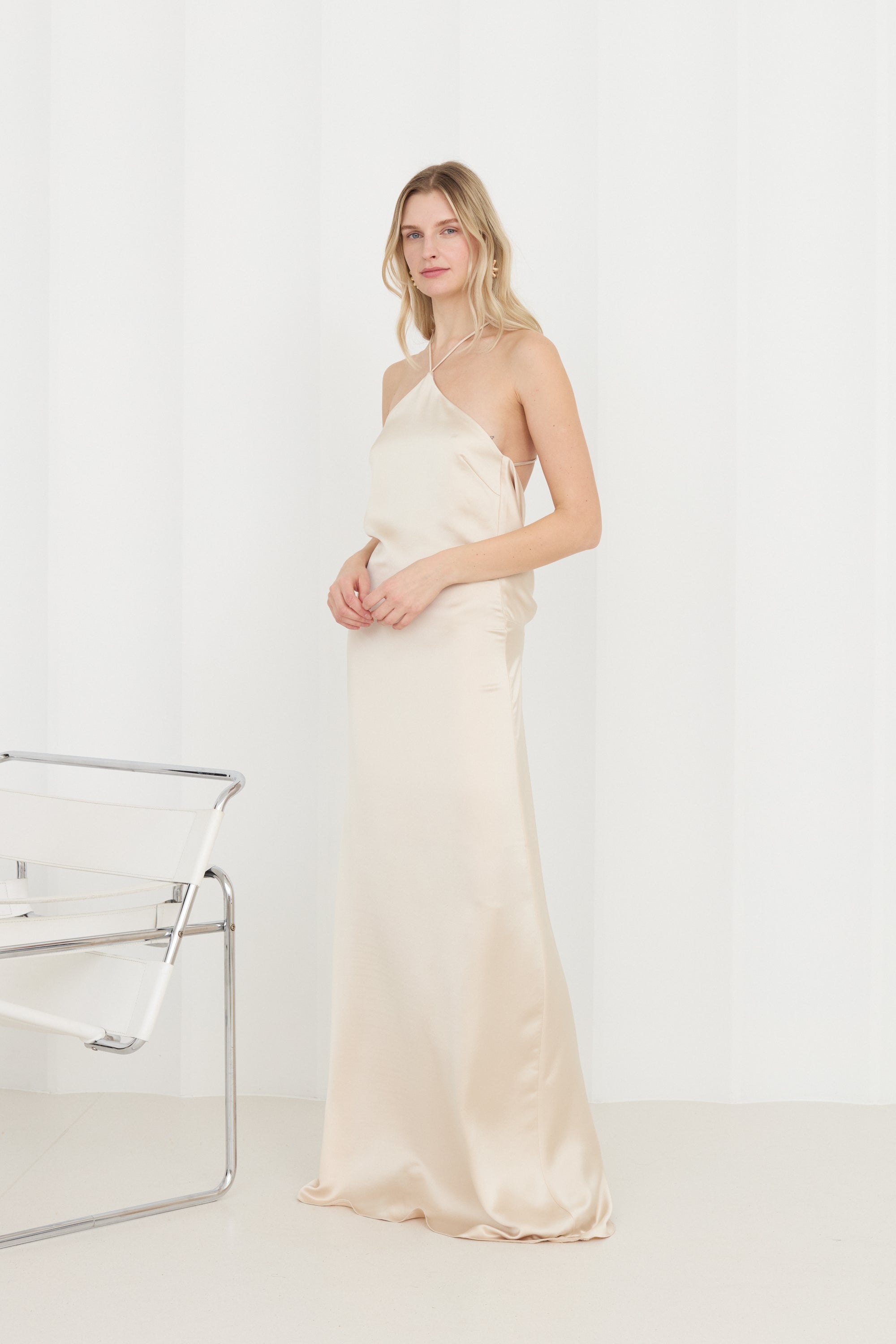 VERA Beige Long Evening Dress With Draped Back