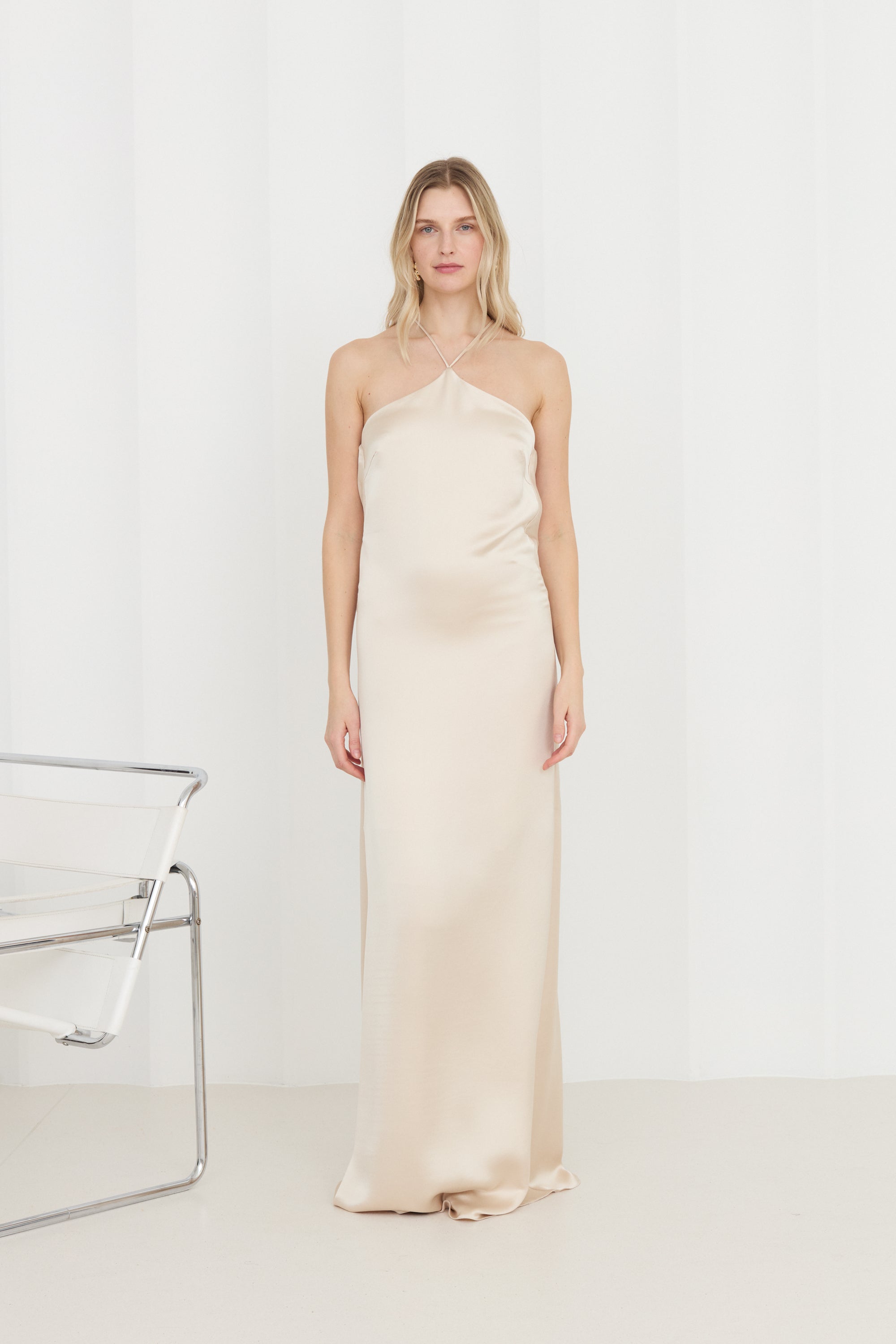 VERA Beige Long Evening Dress With Draped Back