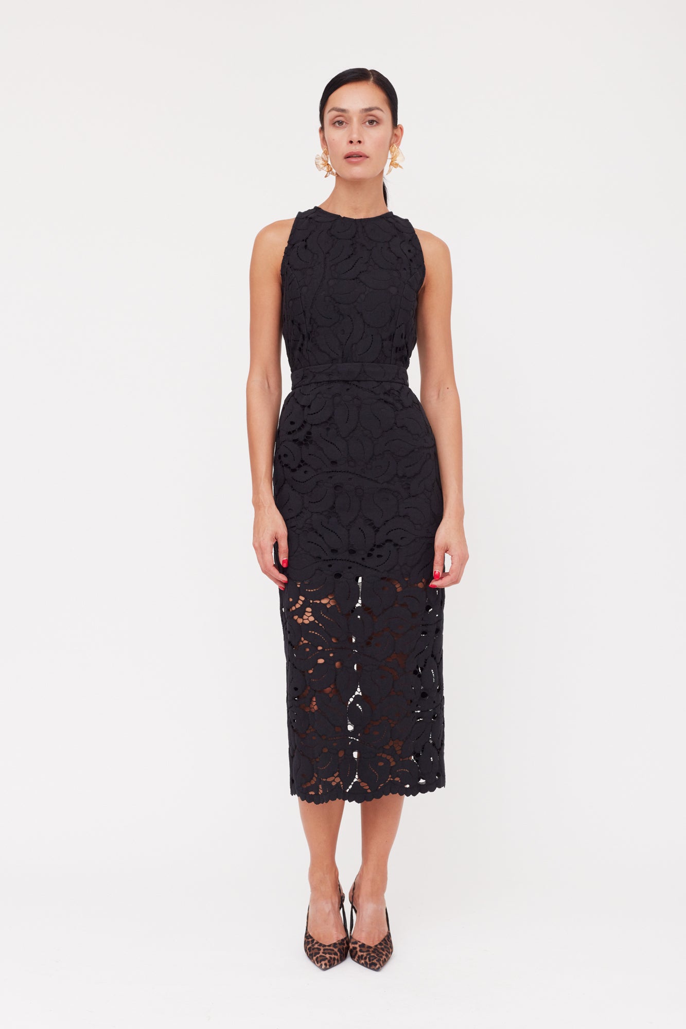 YEMA Black Floral Lace Midi Dress With Open Back
