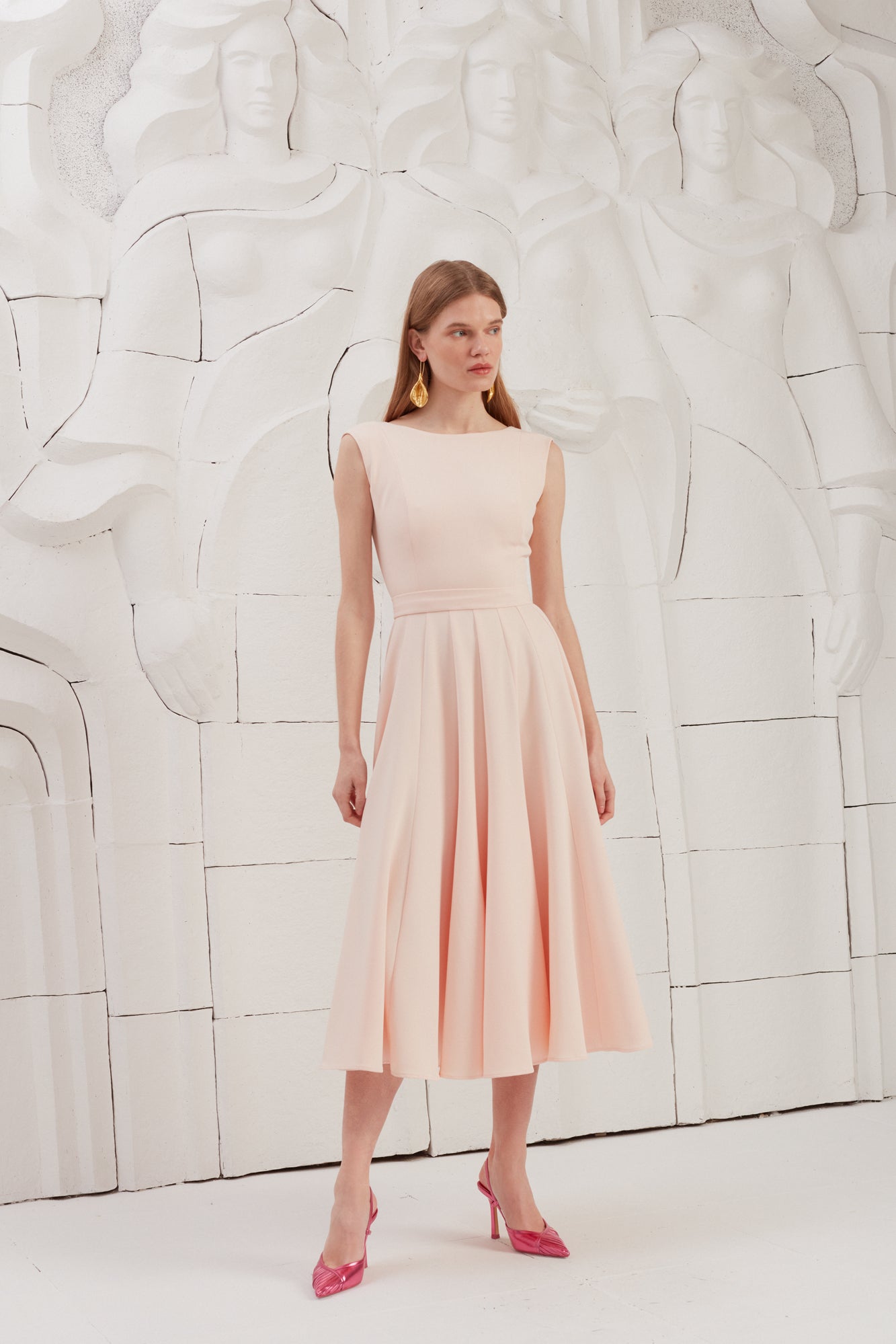 ARIOSE Pastel Pink Flared Godet Midi Dress With Open Back