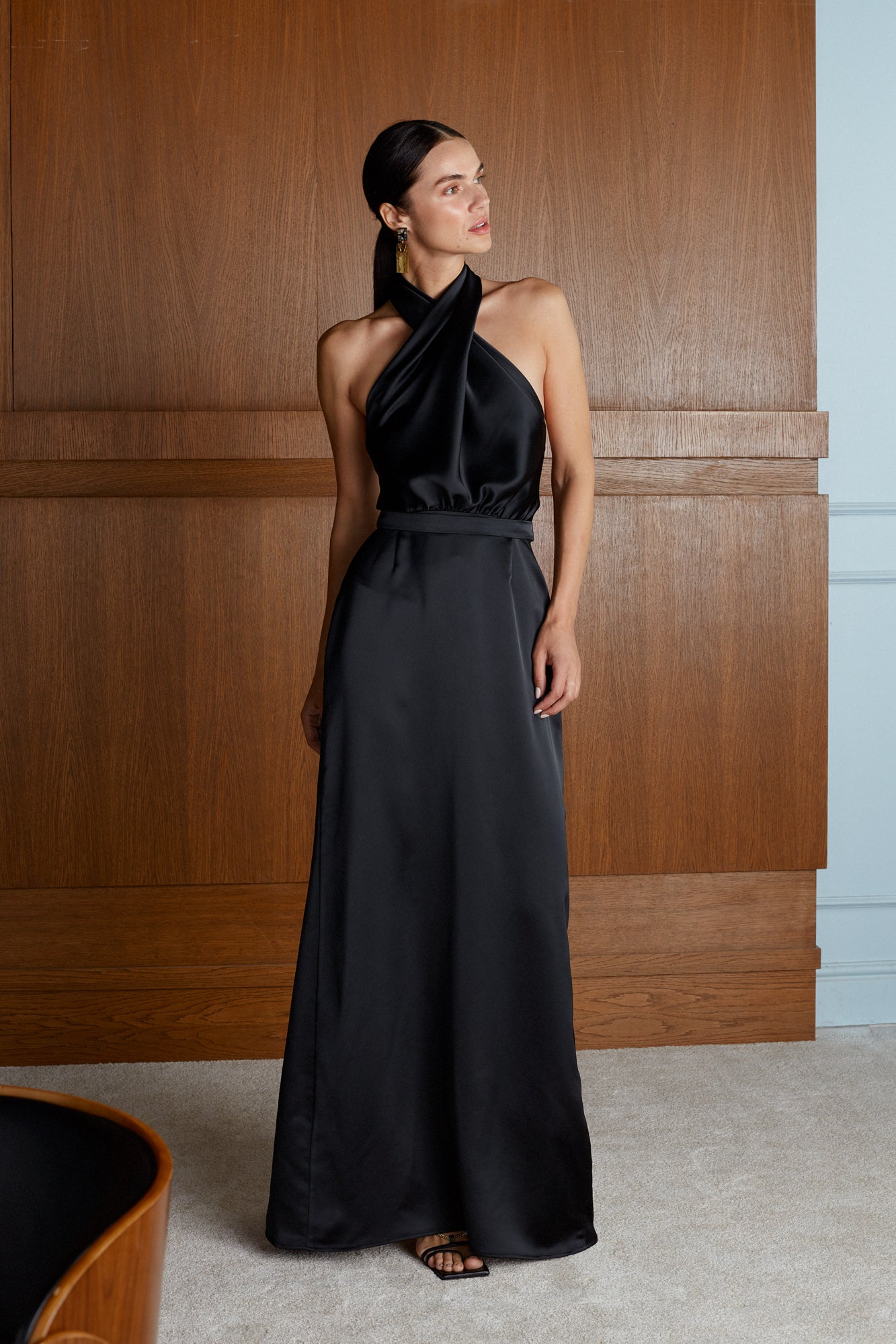 Aliur X Neckline Black Satin Evening Maxi Dress