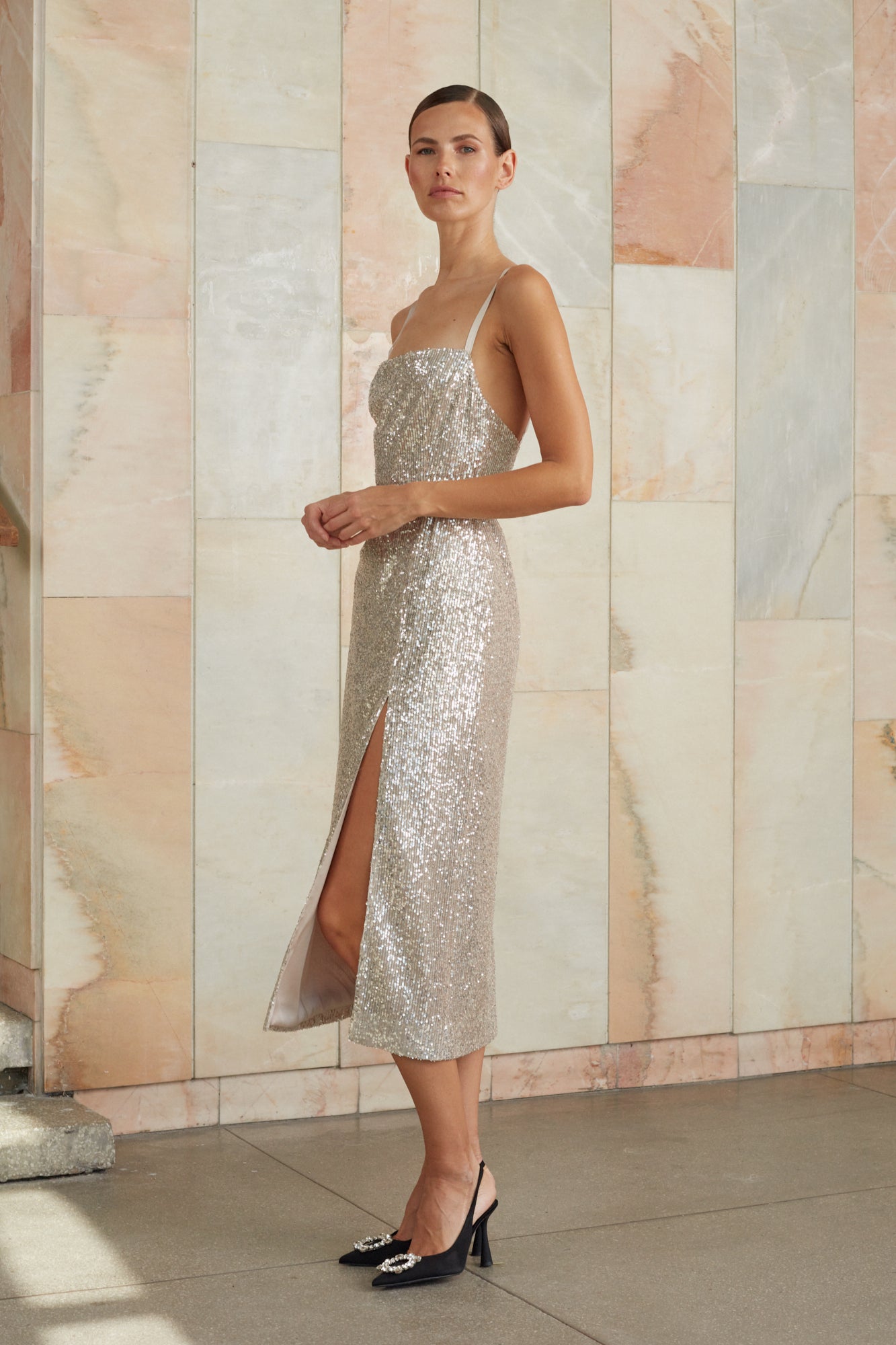 sequin open back dress