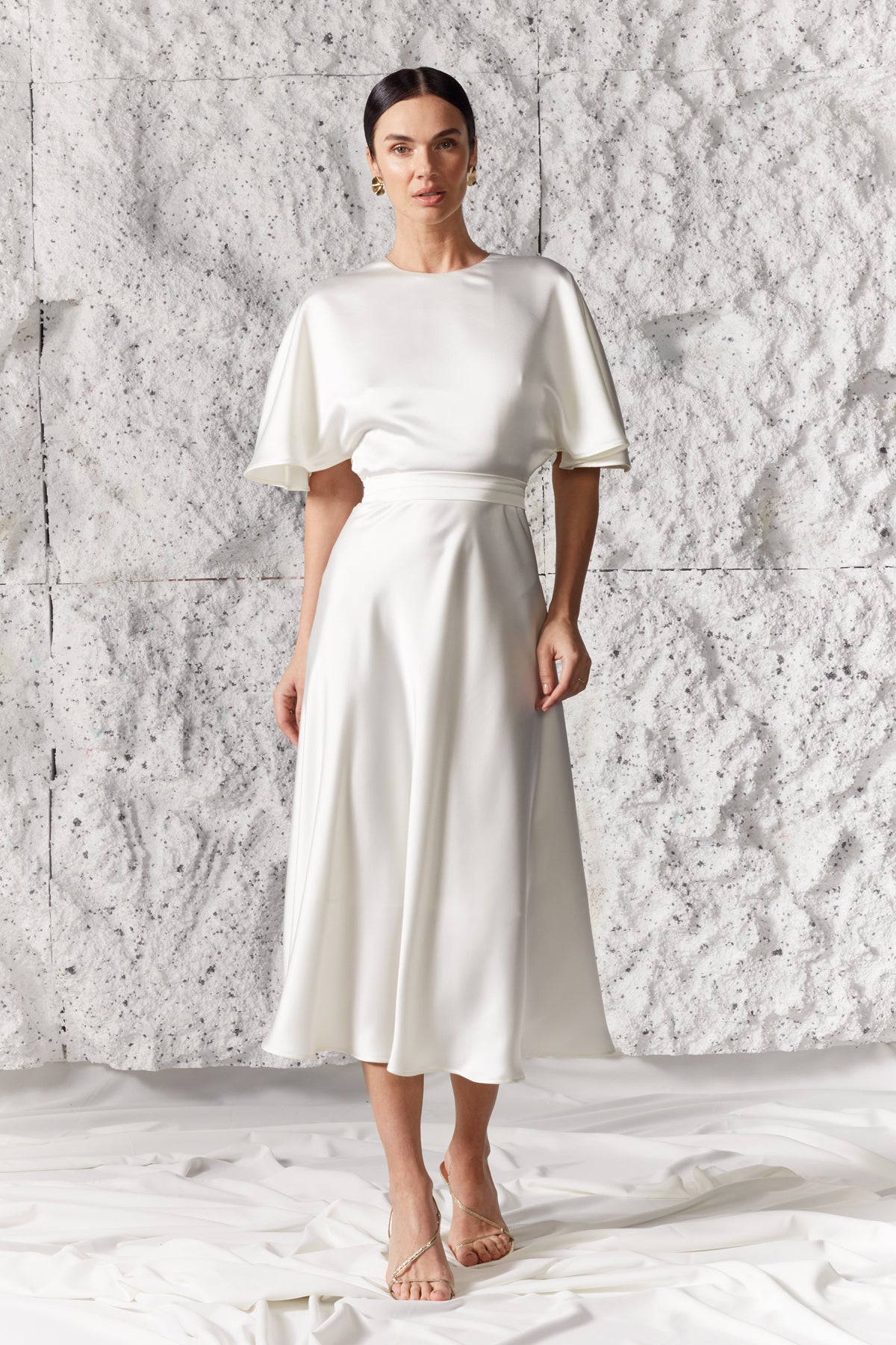DAHLIA Soft White Midi Bridal Wedding Dress With Butterfly Sleeves And Mermaid Skirt