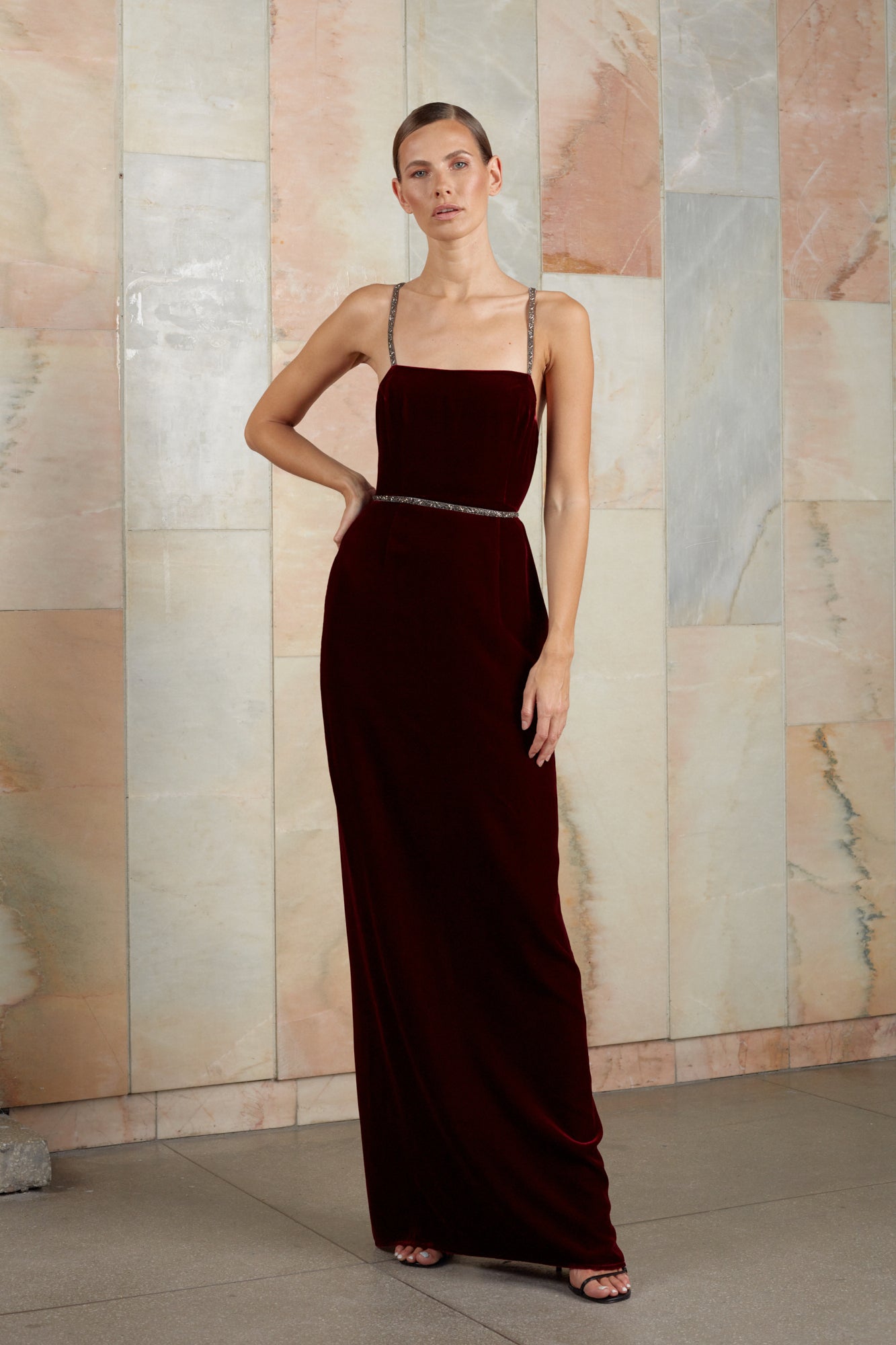 Red wine velvet silk evening maxi dress ENIGMA