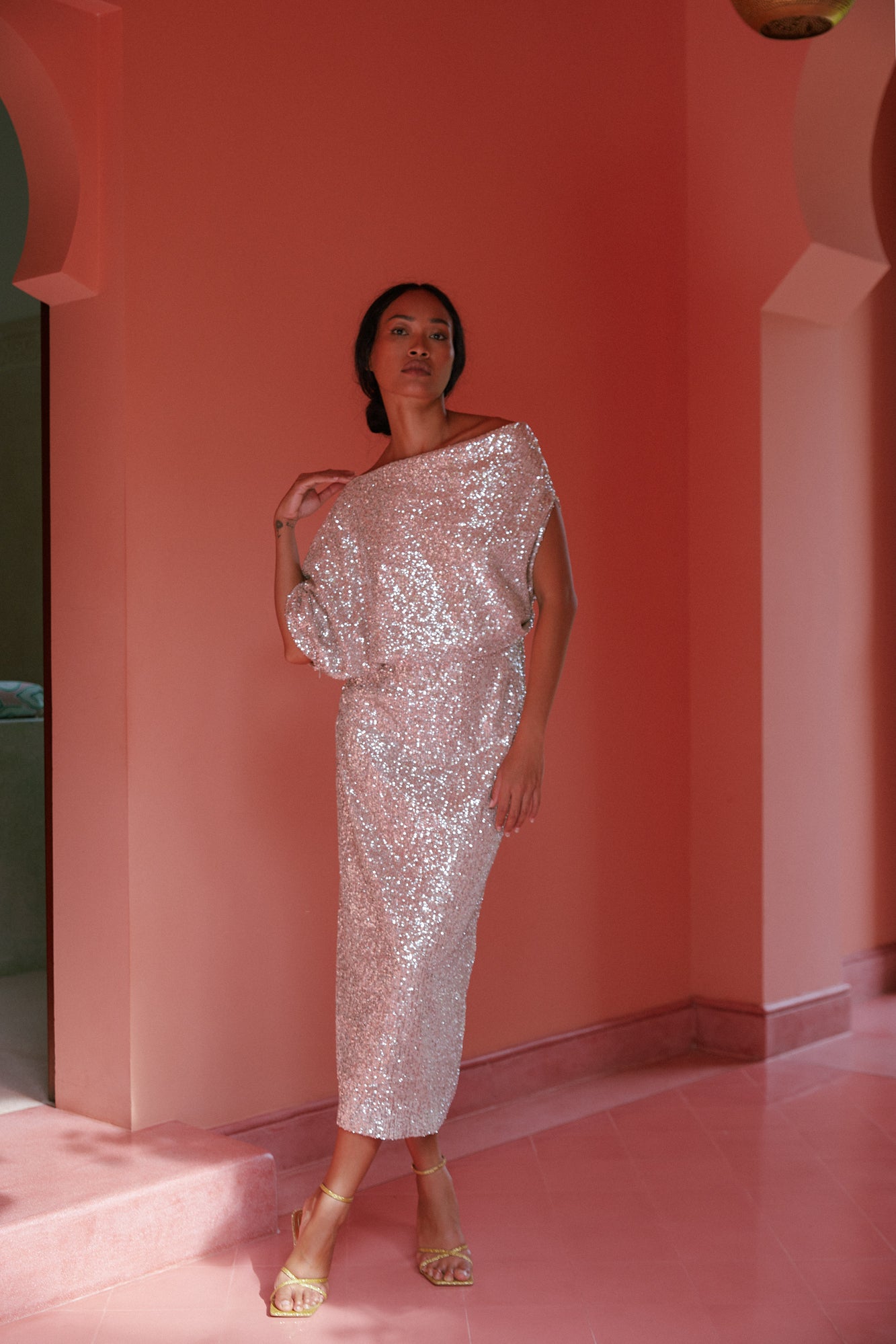 Silver sequin asymmetric dress