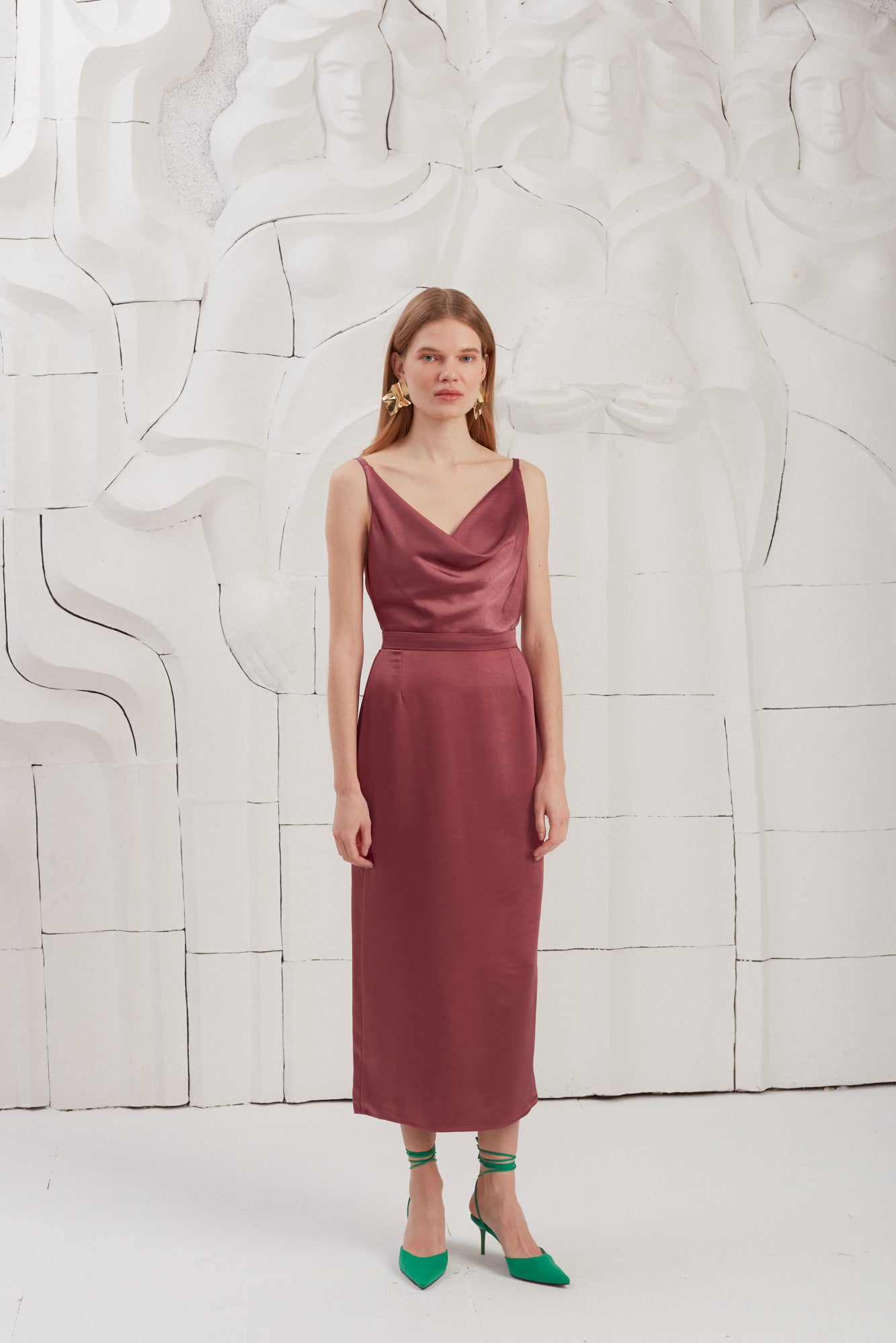 Draped Front Open Back Midi Dress