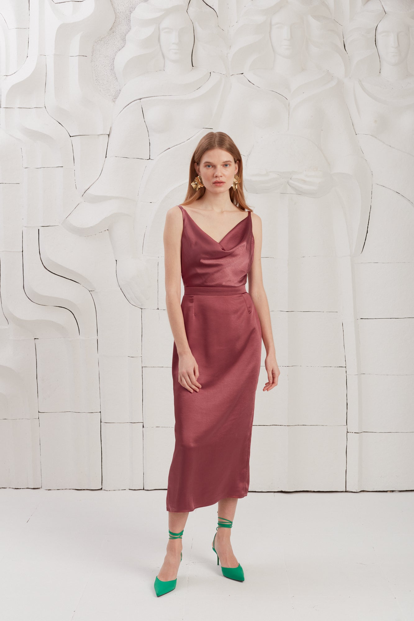 KAMEA Fire Brick Satin Draped Front Open Back Midi Dress