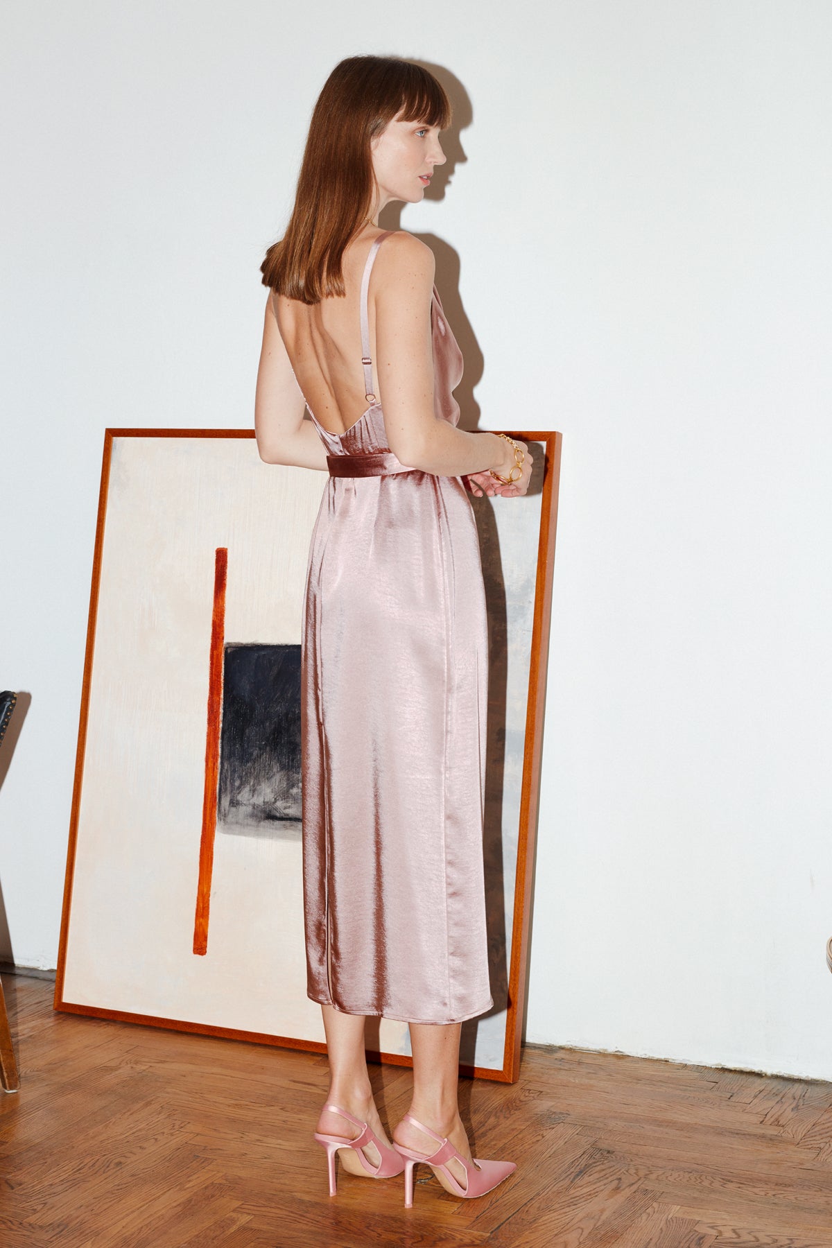Nude satin backless midi evening dress