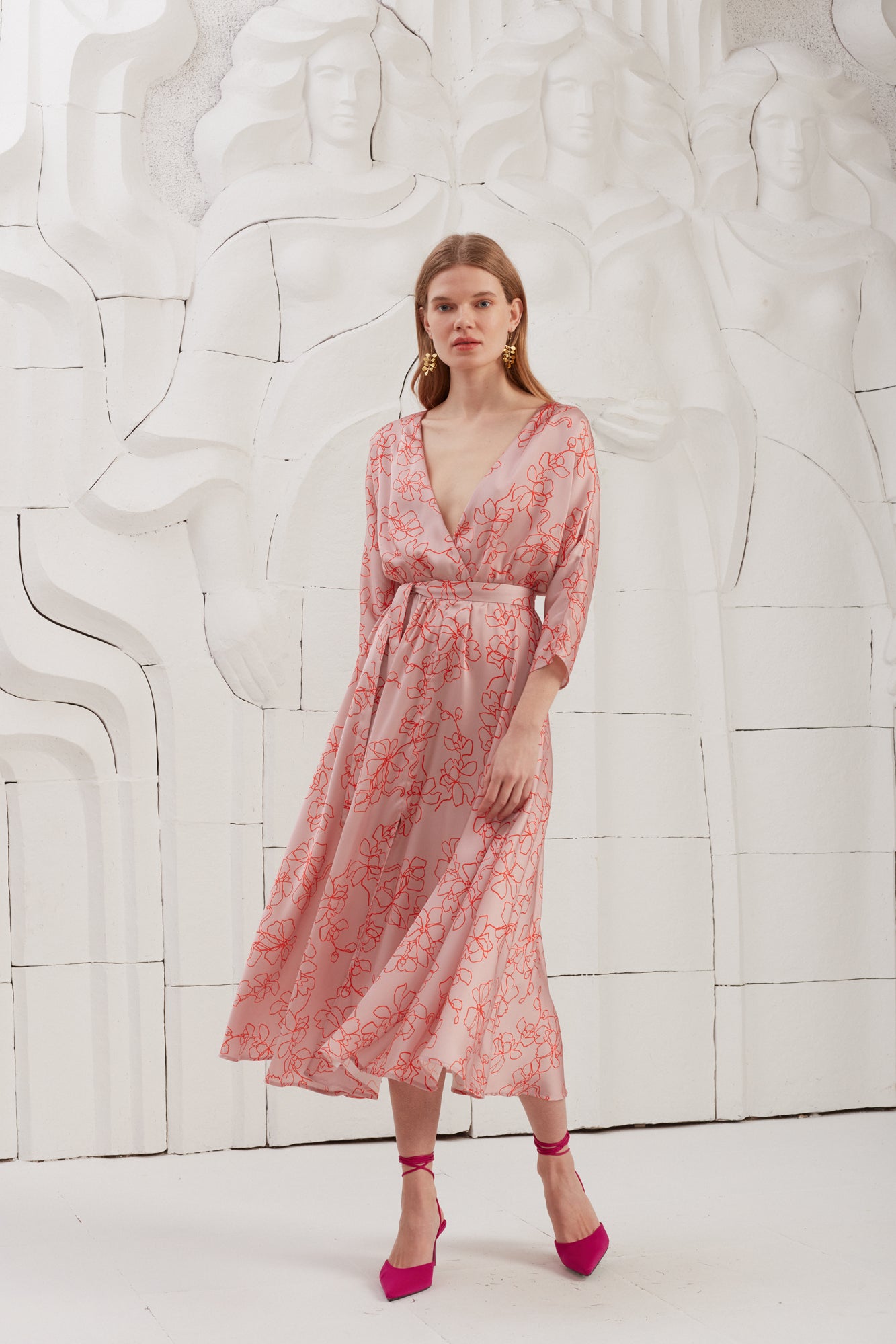 Pastel Pink Printed V Neck Midi Dress