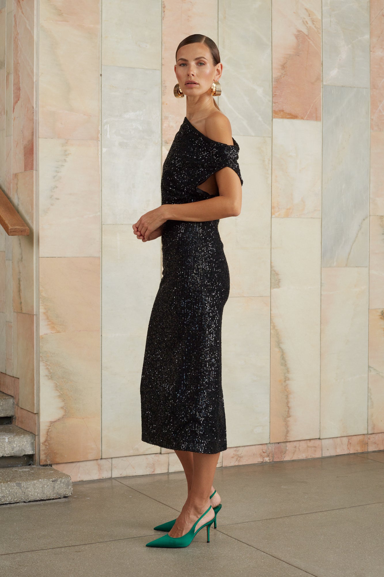 Black sequin asymmetric midi dress