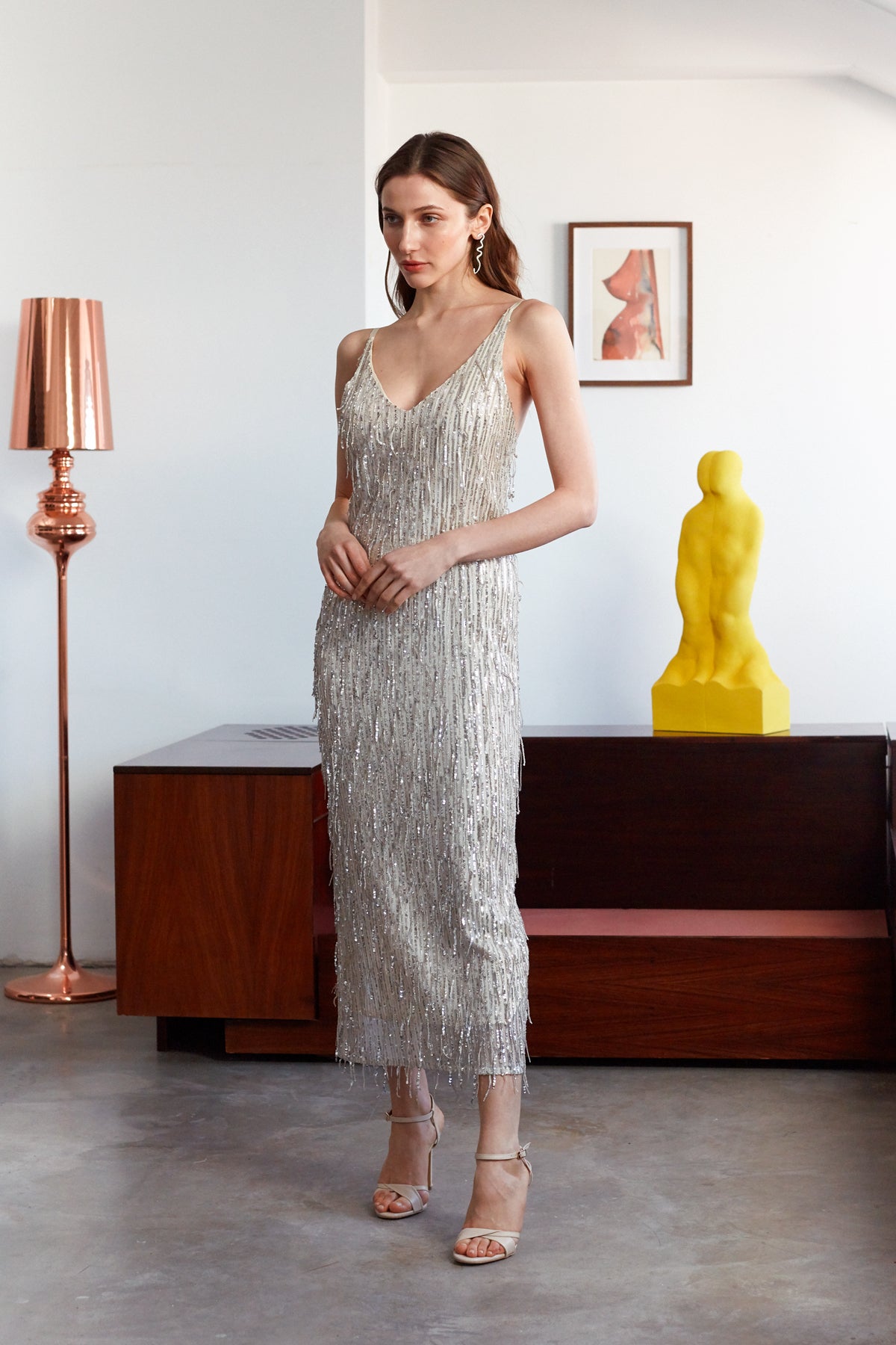 PAMELA Silver Sequin Fringe Midi Slip Dress