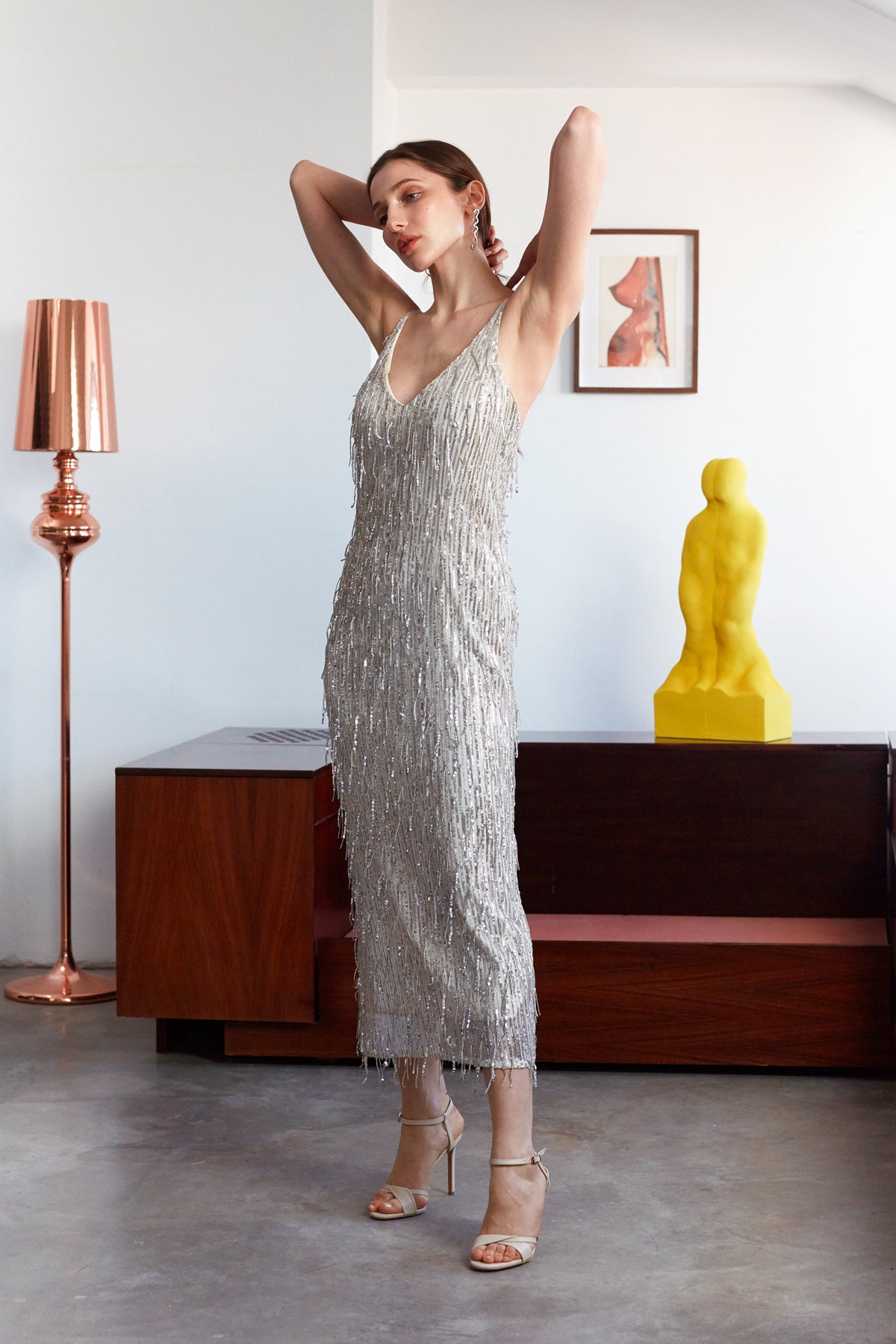 PAMELA Silver Sequin Fringe Midi Slip Dress