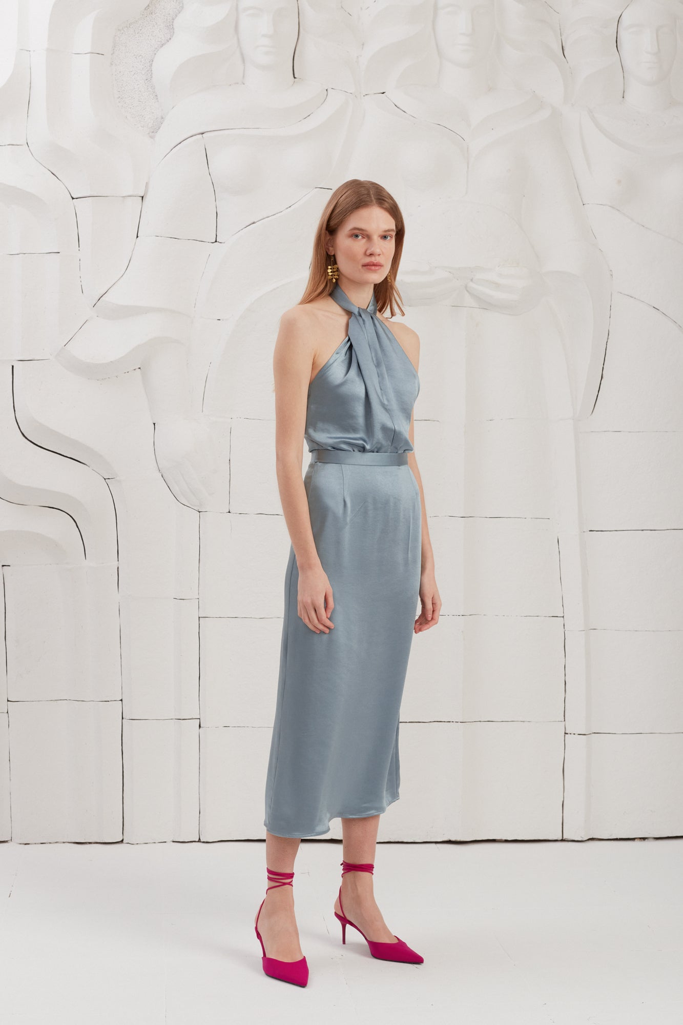 PAULA X Neckline Stone Blue Satin Midi Dress