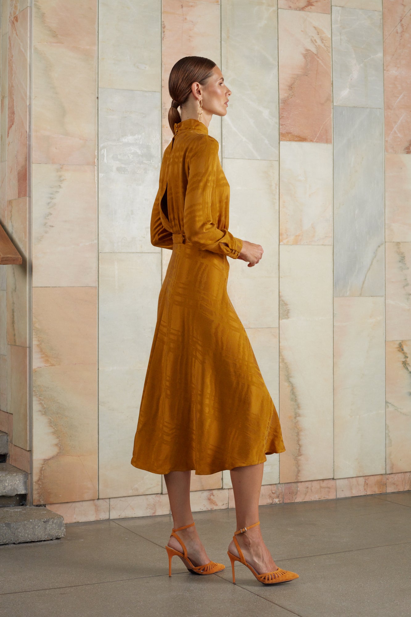 Orange cupro midi turtlneck dress