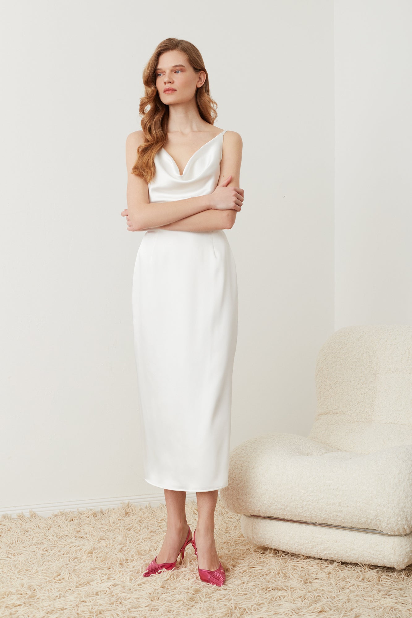 White Satin Wedding Midi Dress KAMEA