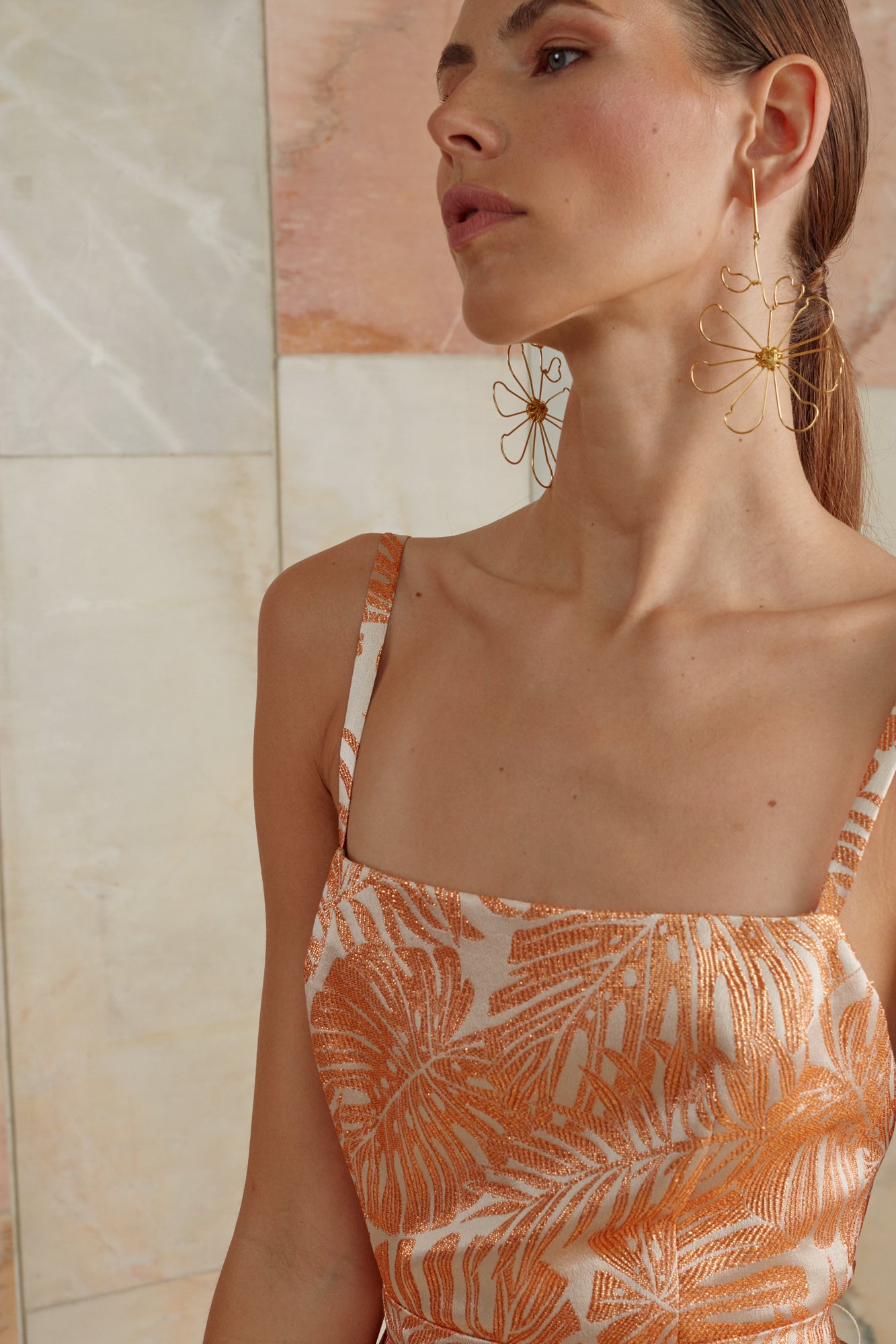 Gold sparkly open shoulder jacquard dress