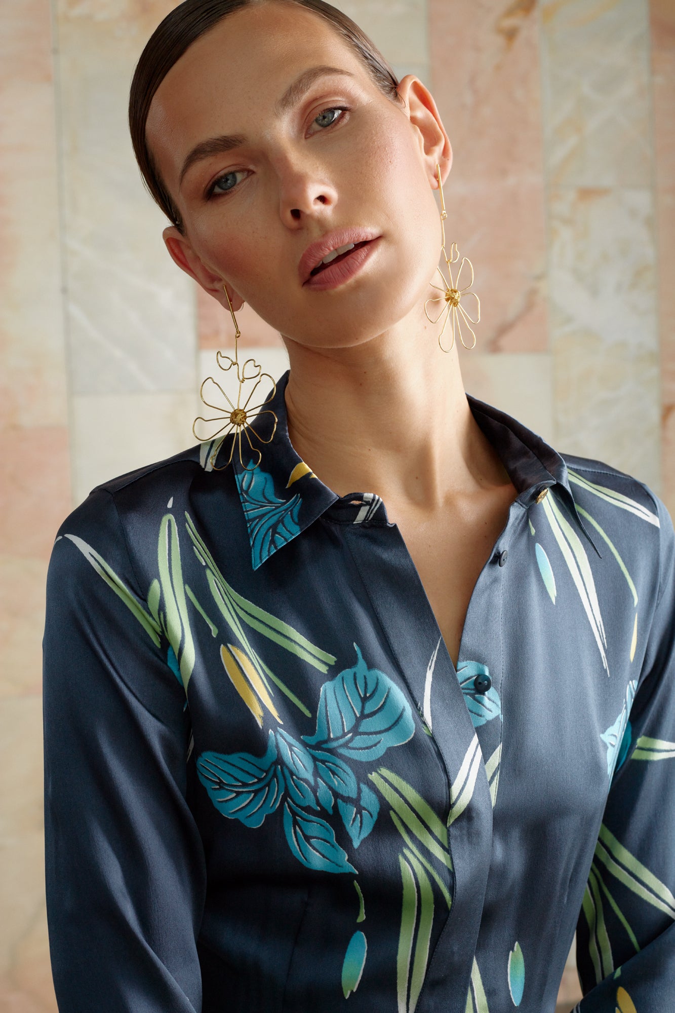 Floral silk shirt dress