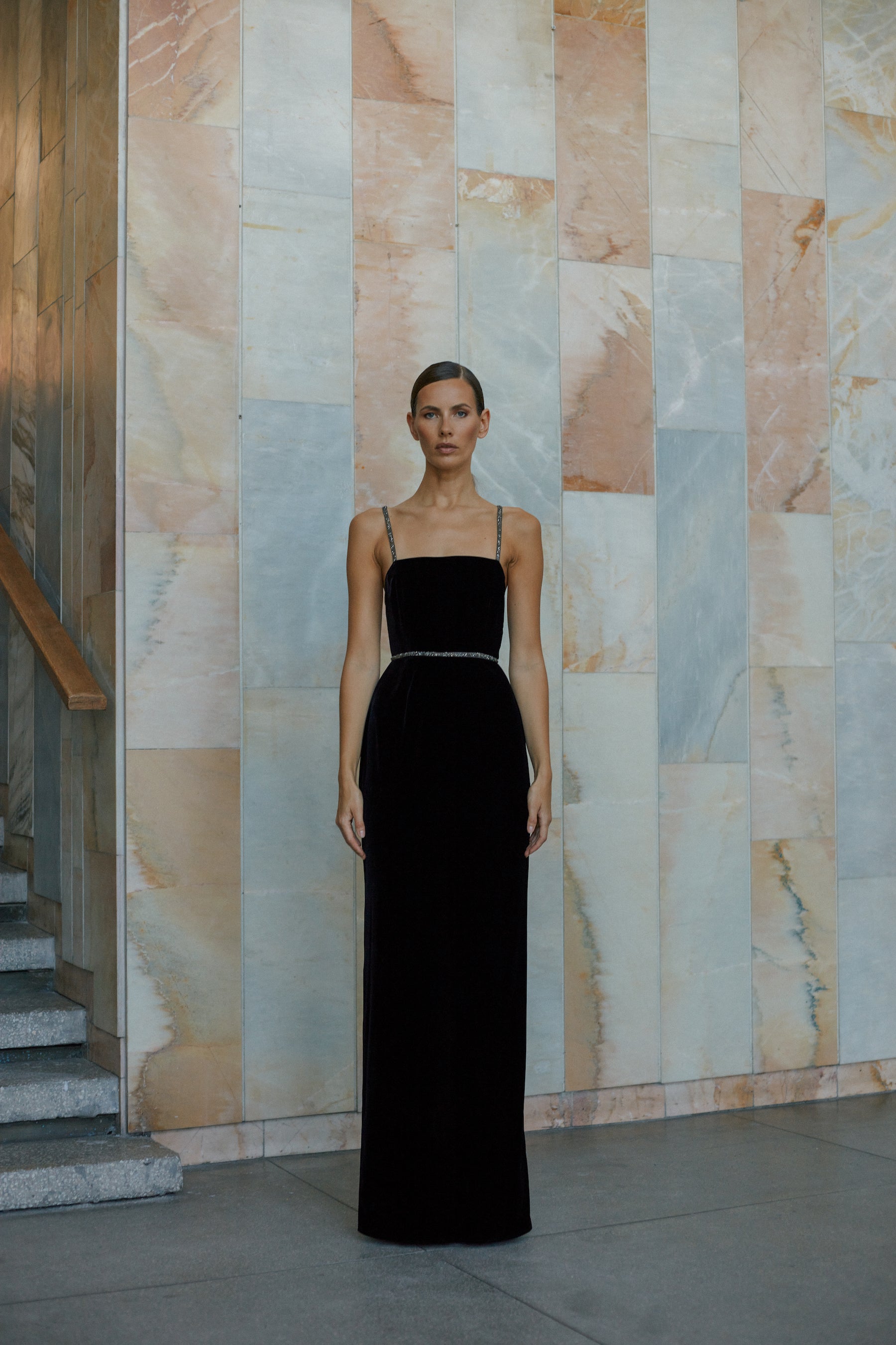 Black long silk velvet dress ENIGMA