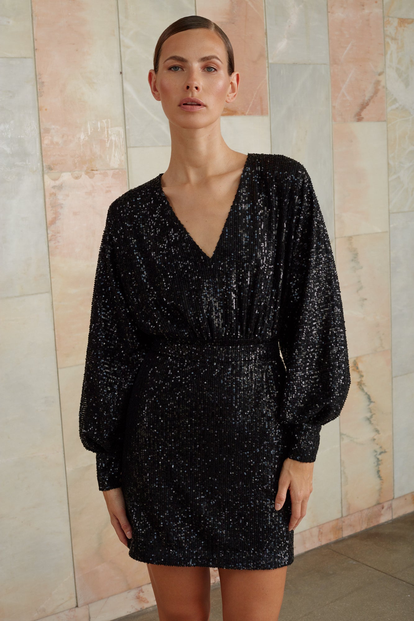 Black sequin puff sleeves mini dress