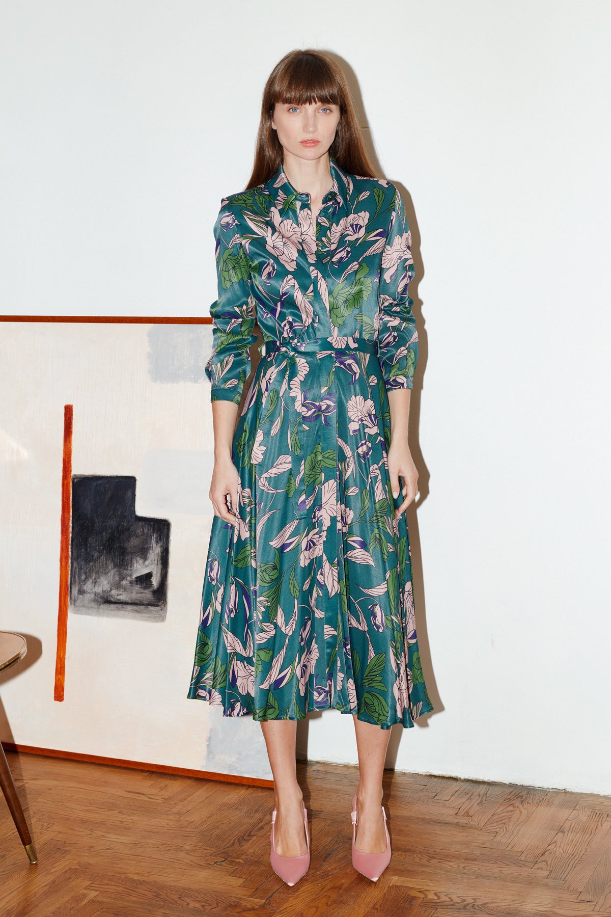 Floral print green shirtdress