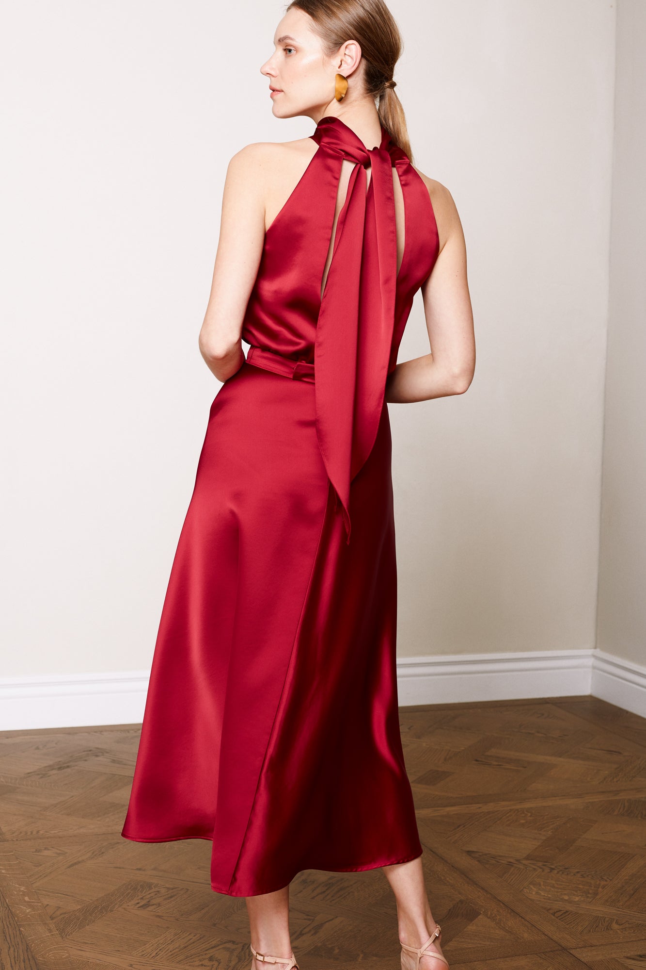NOMA deep red midi cocktail dress with back ribbons