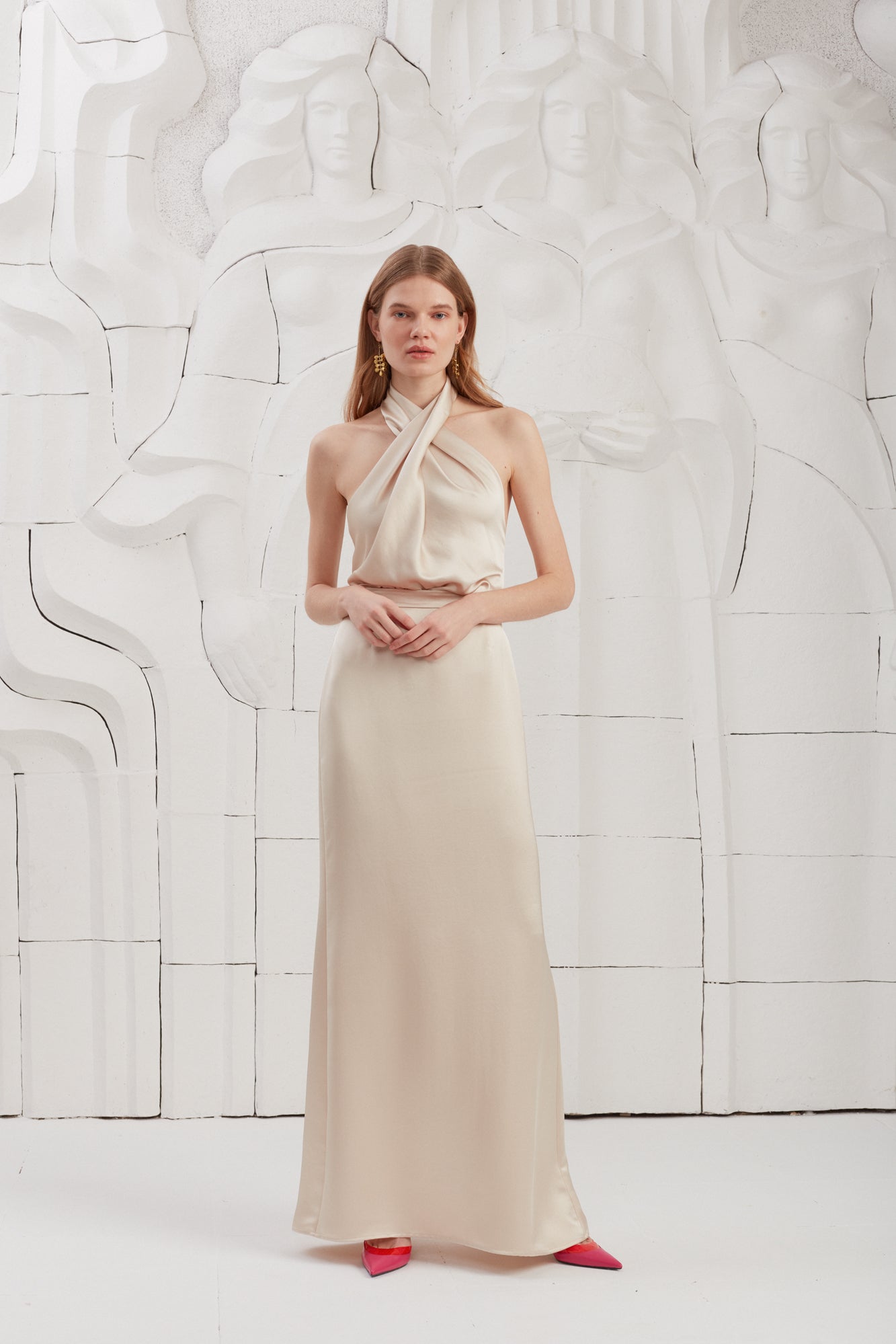 ALIUR Champagne Satin X Neckline Evening Maxi Dress