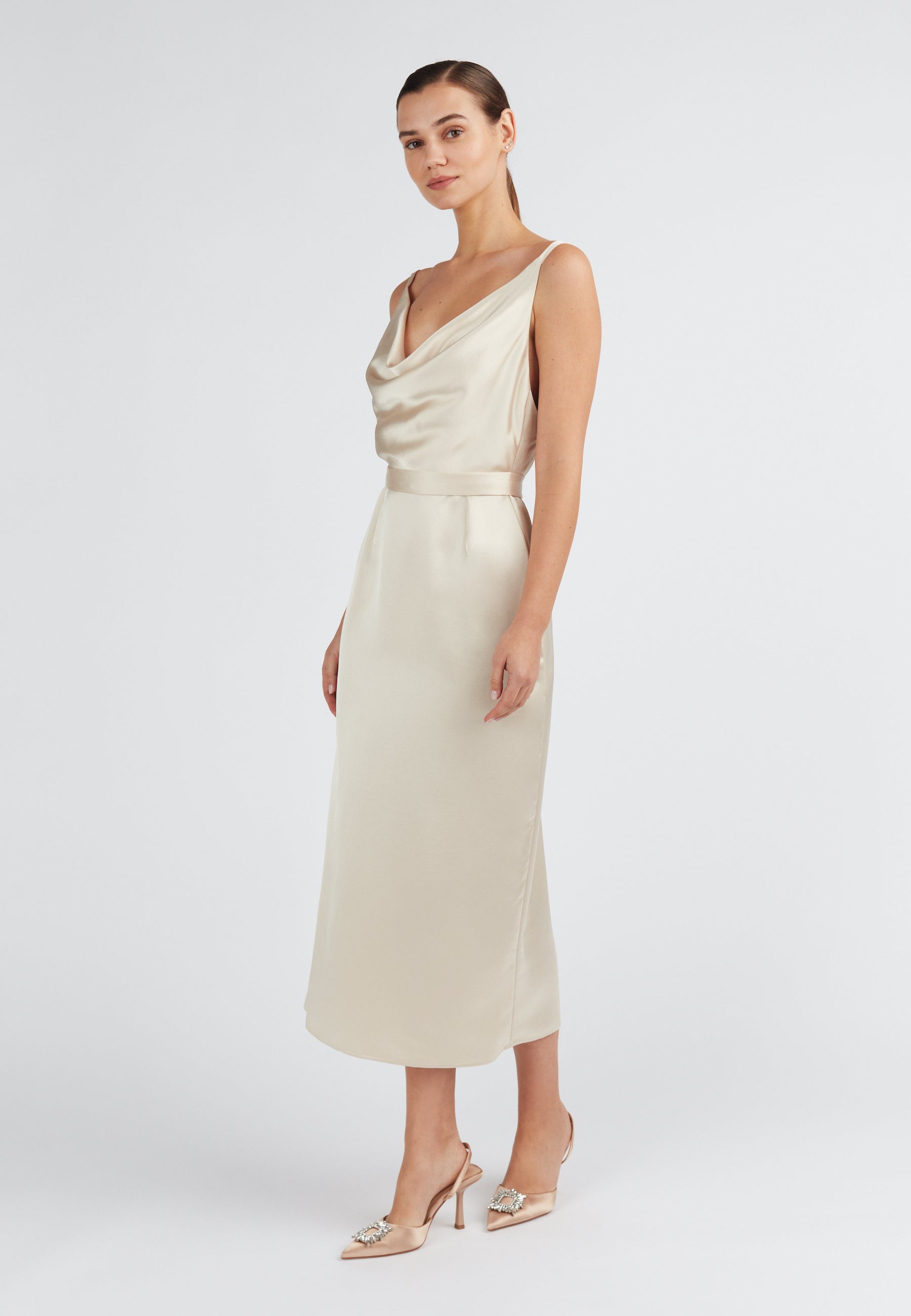 Champagne draped front midi length dress