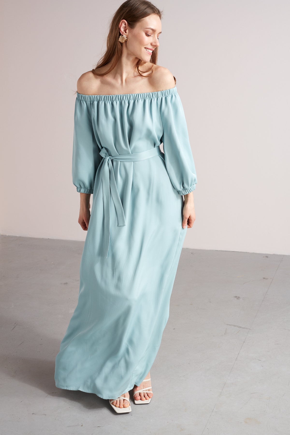 GOYA off shoulder maxi dress in dusty blue