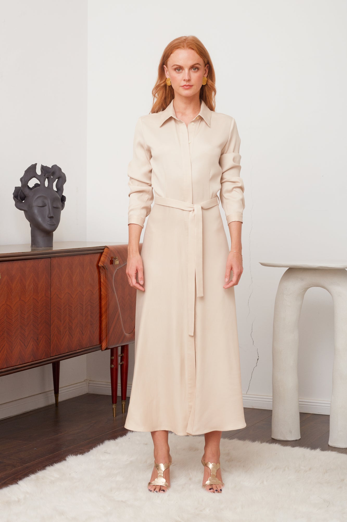HANNA Beige Shirt Dress with Mermaid Skirt - Front View