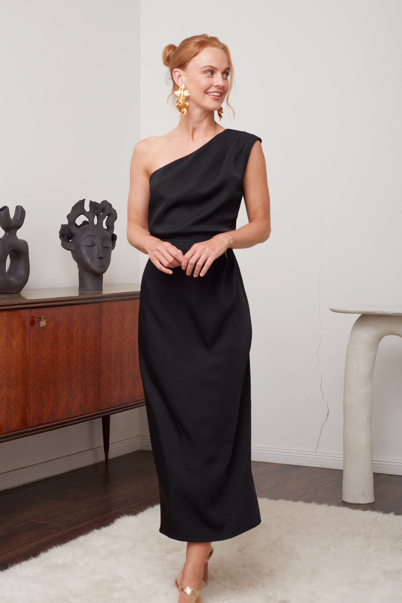 AISHA Black One-Shoulder Midi Cocktail Dress - Flattering Midi Length
