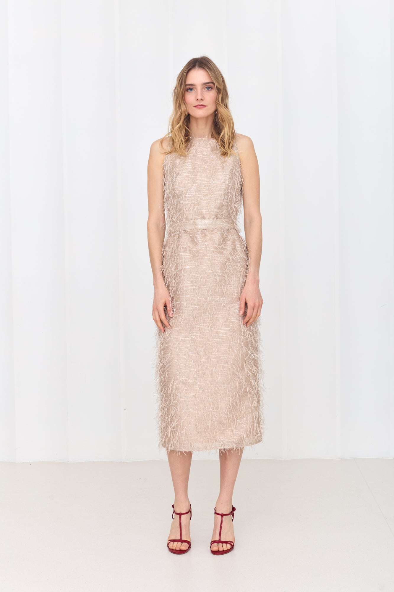 YEMA Pastel Feather Midi Dress With Open Back