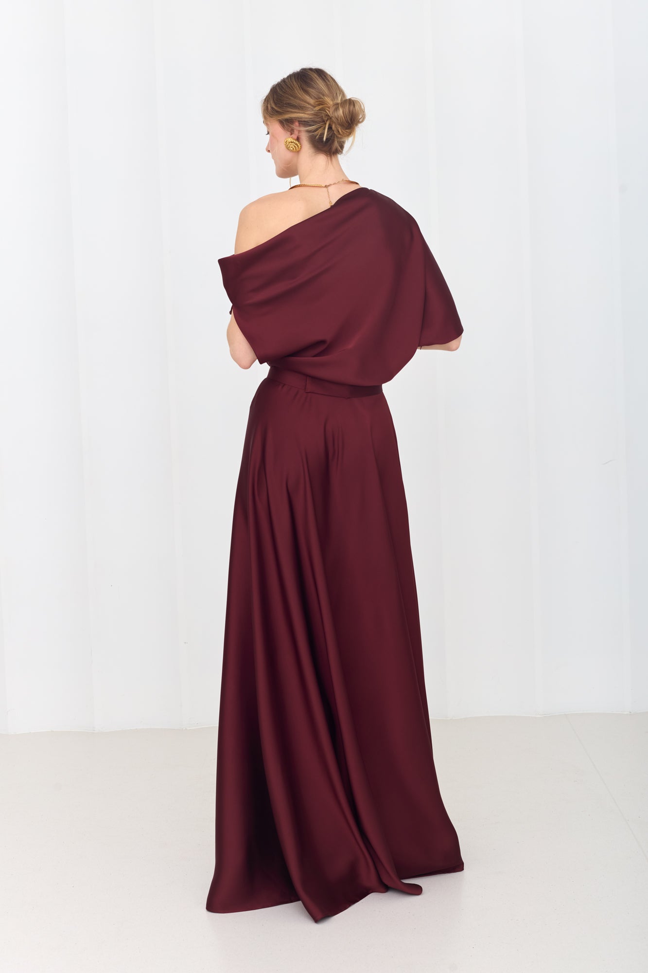 HELEN Rich Burgundy Maxi Dress with Asymmetric Sleeves