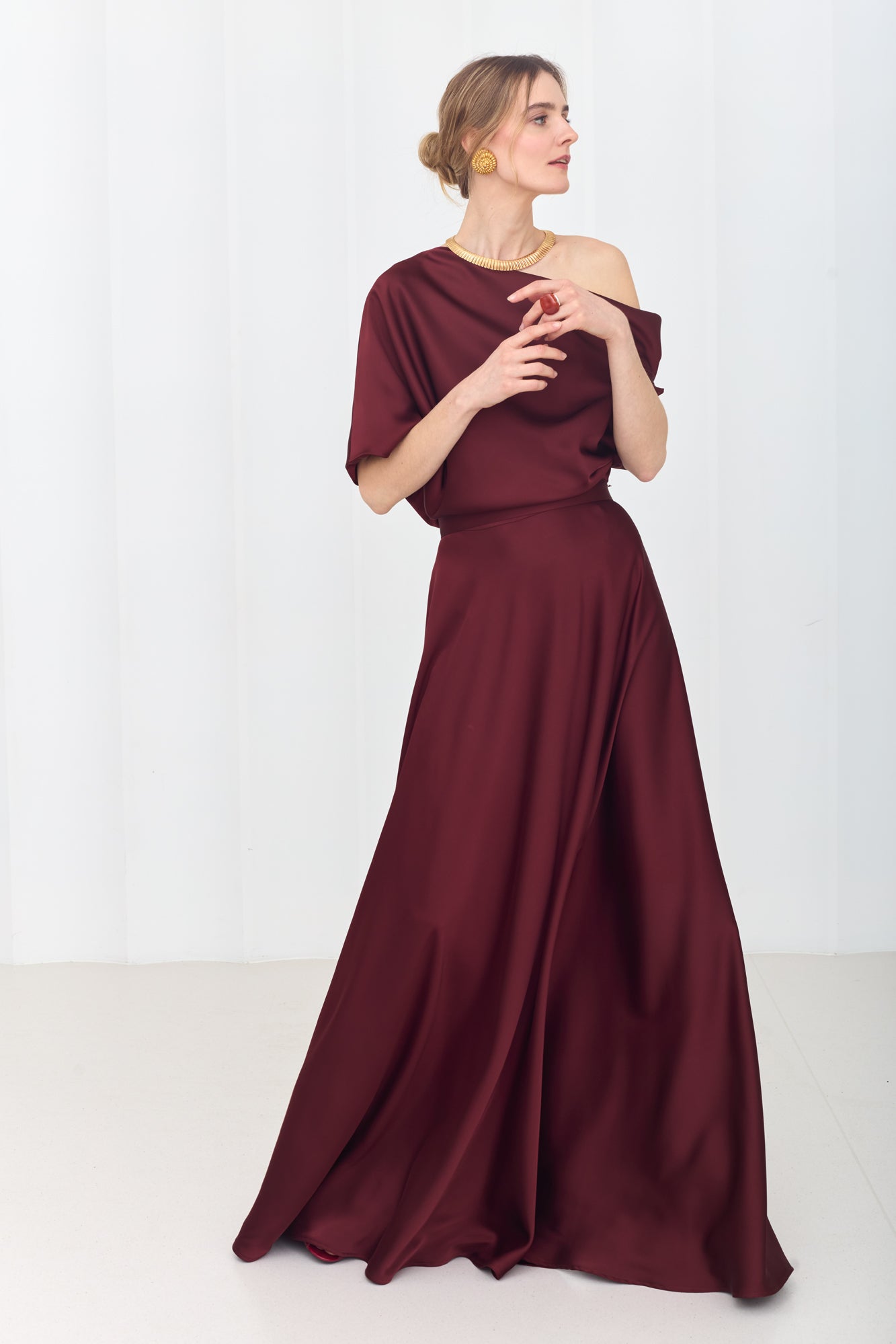 HELEN Rich Burgundy Maxi Dress with Asymmetric Sleeves