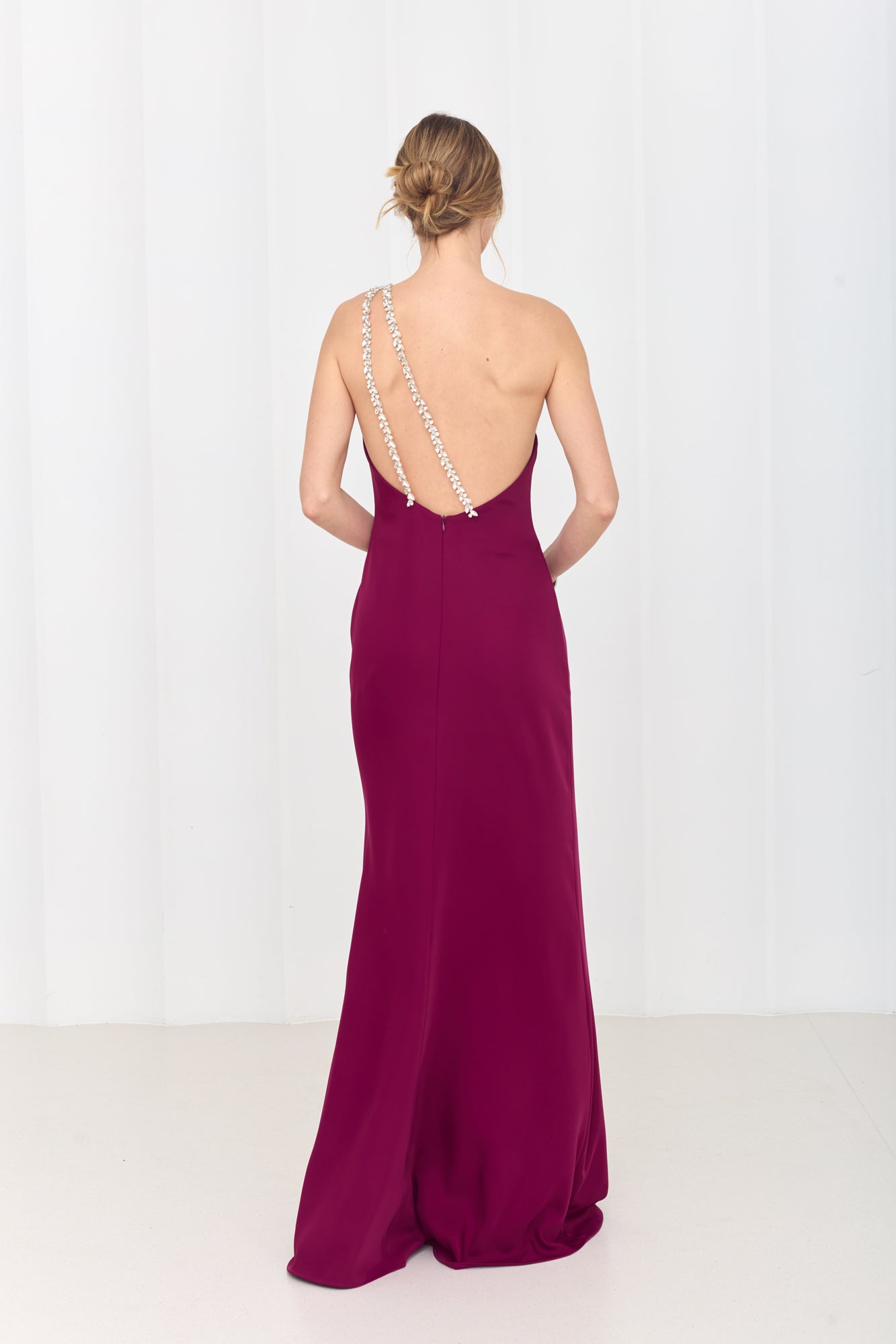 GLORIA Fuchsia Pink Maxi Dress with One-Shoulder Sparkling Straps